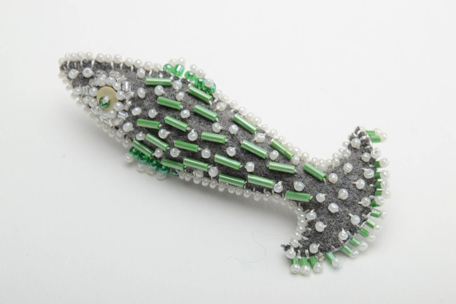 Grey textile fish brooch beaded handmade stylish accessory for every day photo 4