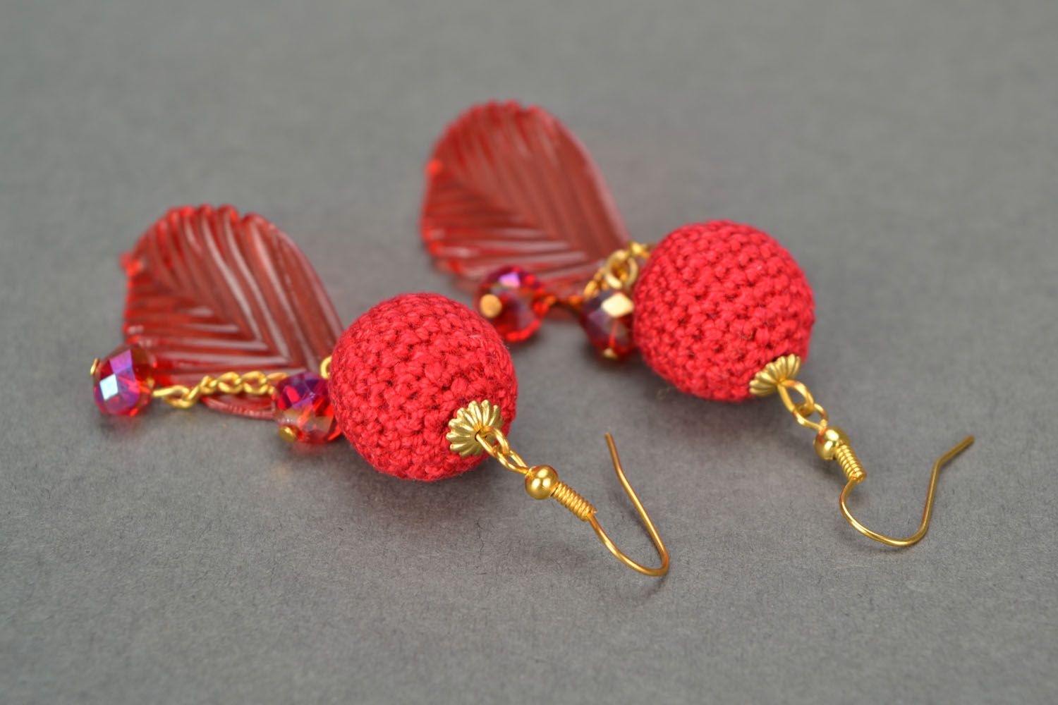 Homemade long crochet earrings Red Autumn photo 4