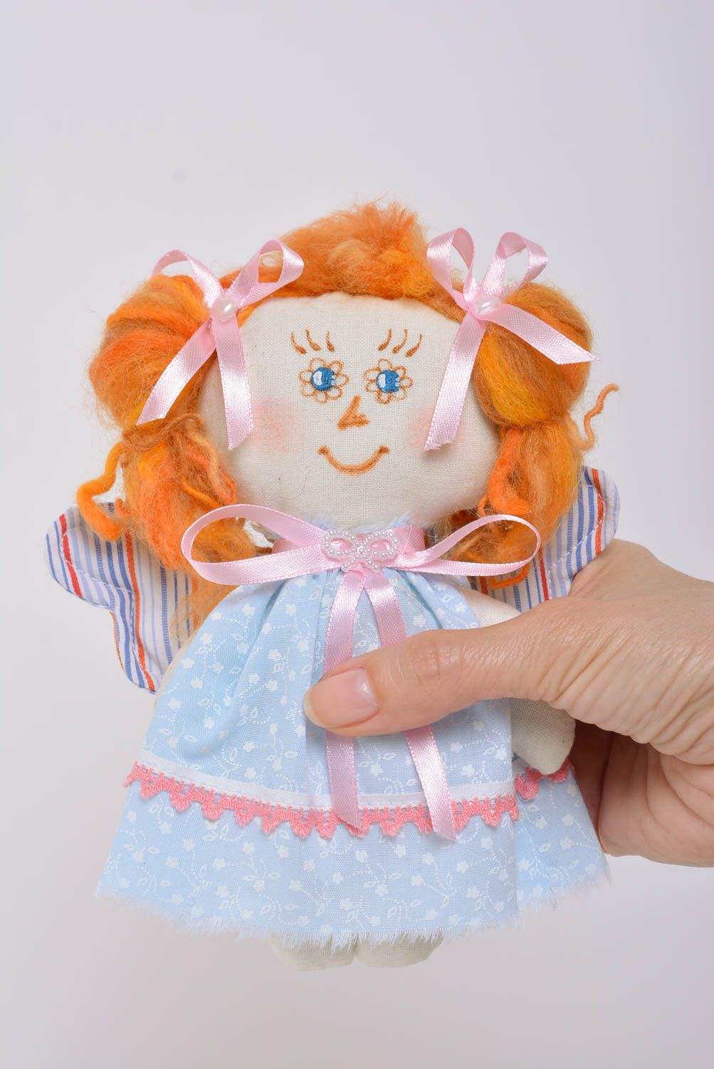 Handmade small fabric soft doll girl with ginger hair in blue floral dress photo 4