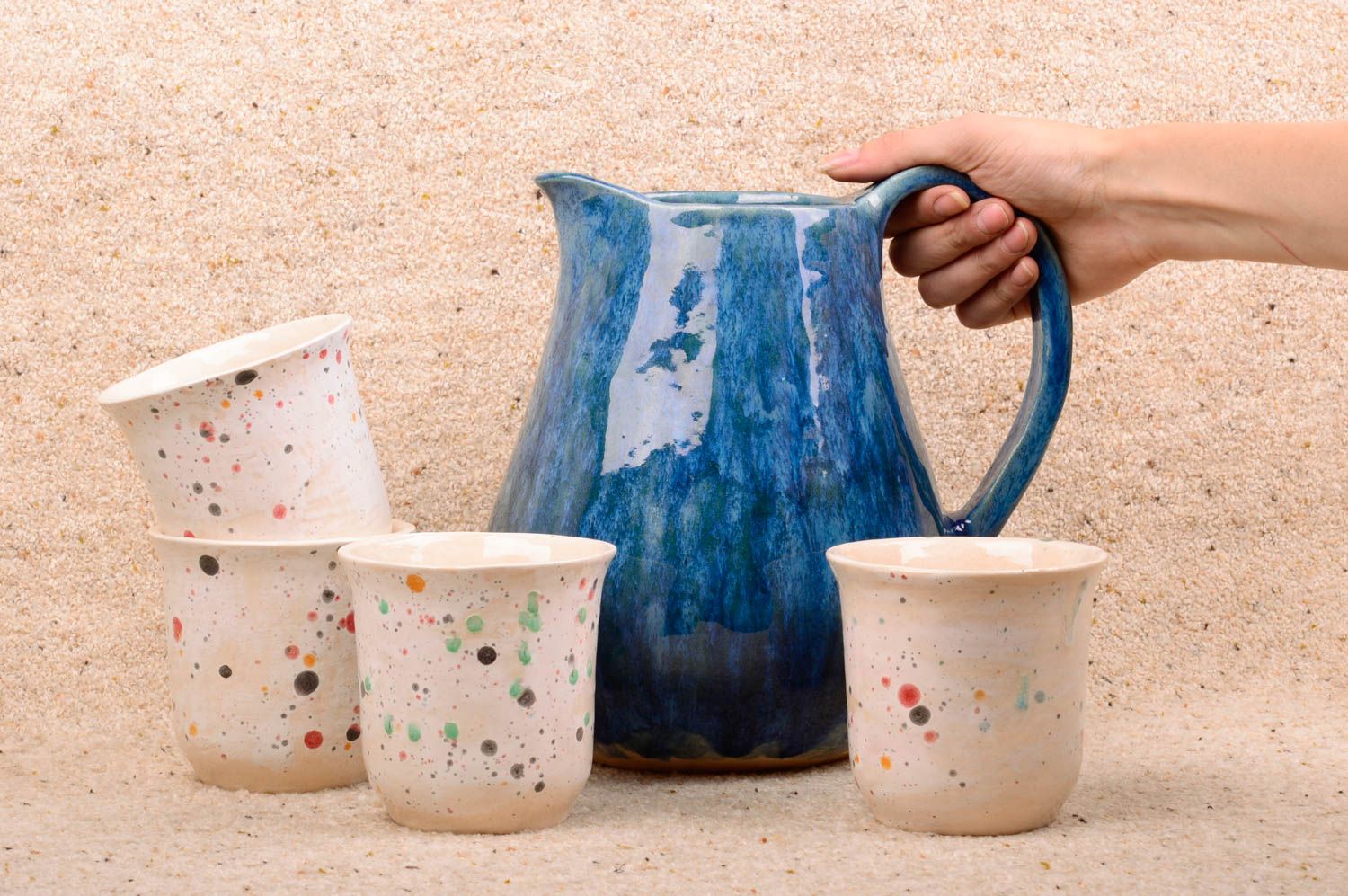 Комплект керамический кувшин и 4 чашки ручной работы гончарные вылепленные фото 2