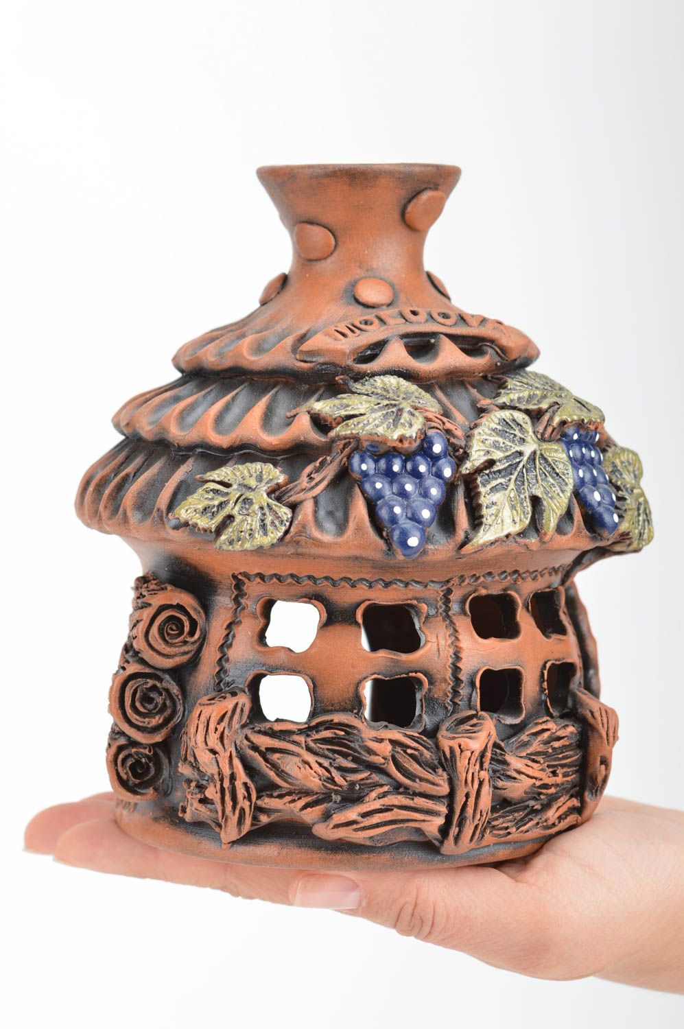 Ton Duftlampe für Teelicht aus Keramik in Form vom Häuschen handgemacht in Braun foto 3
