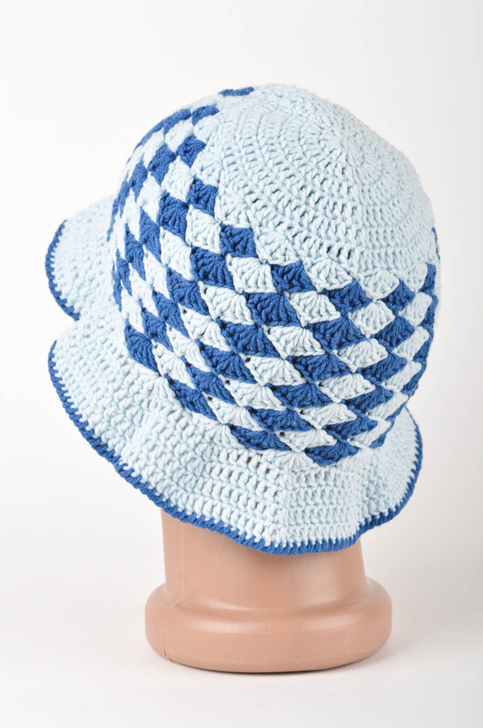 Bonnet tricot fait main Chapeau au crochet bleu blanc Vêtement enfant fille photo 5