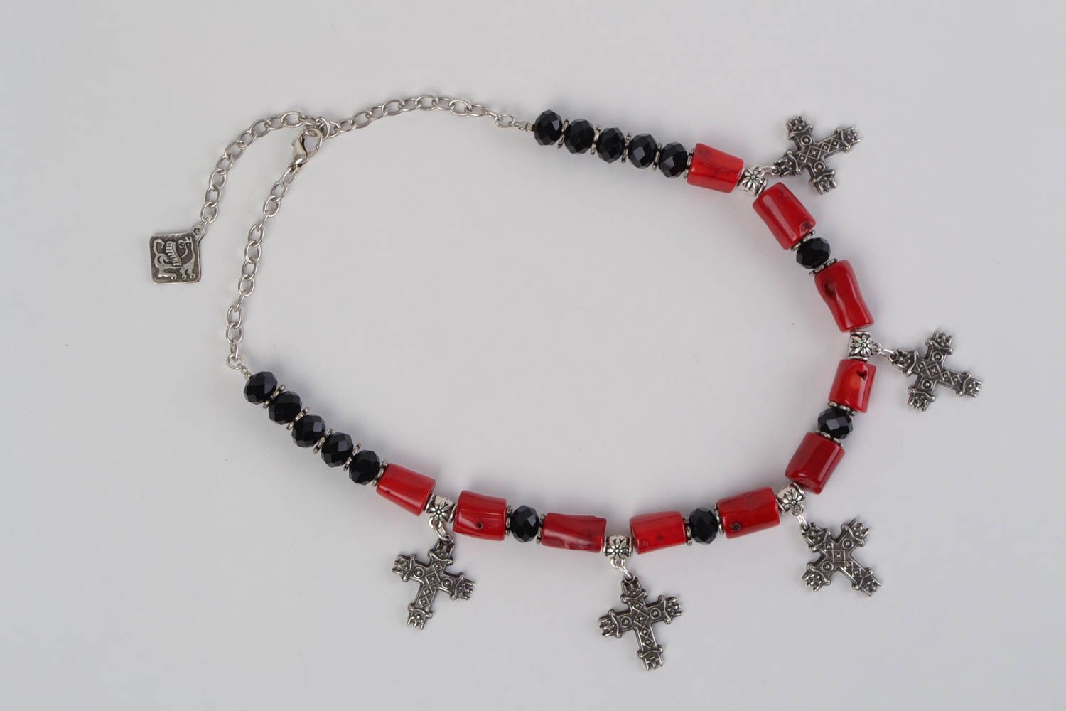 Handmade natural coral bead necklace with metal cross charms and Czech glass photo 2