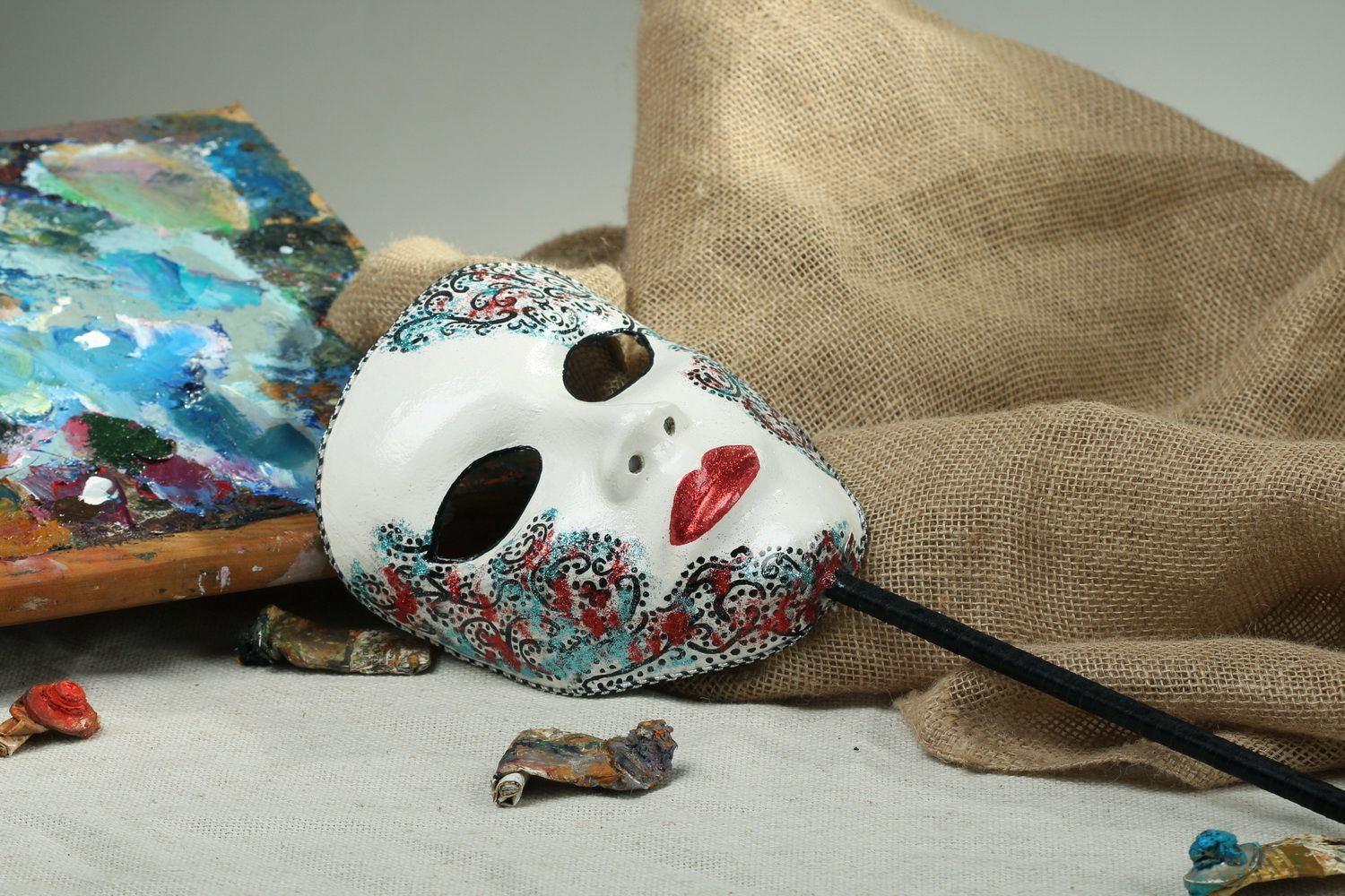 Carnival mask with a wooden handle Lady photo 1