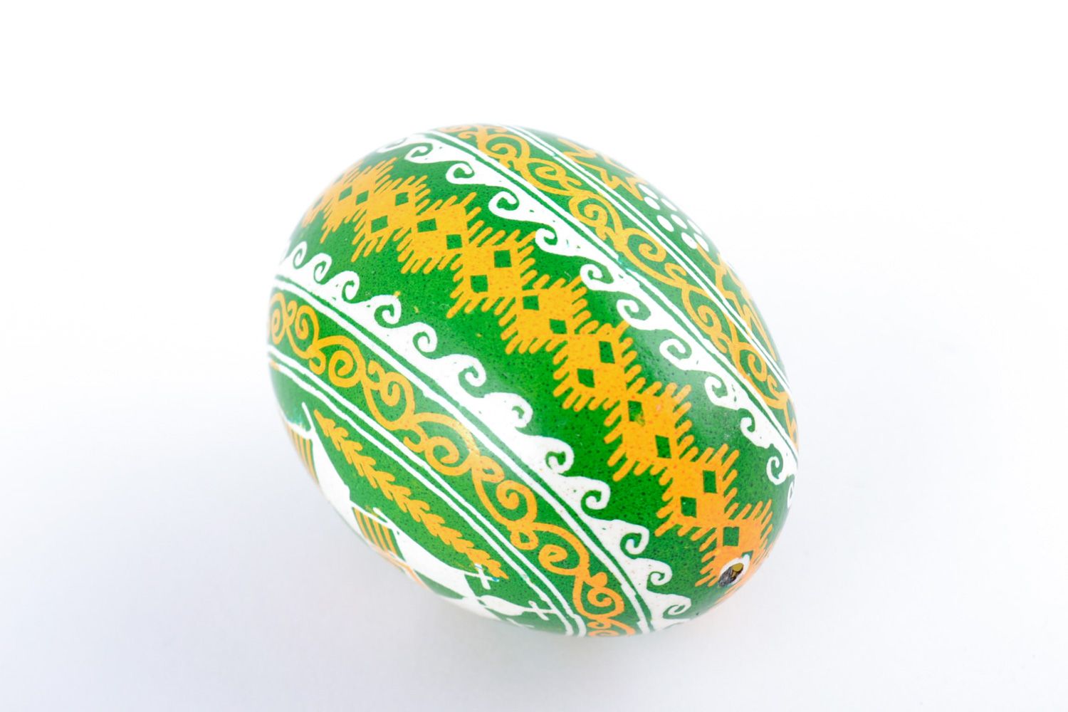 Yellow and green handmade bright painted Easter chicken egg with patterns photo 3