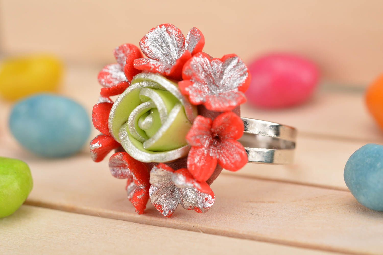 Handmade designer jewelry ring with metal basis and polymer clay flower red photo 1