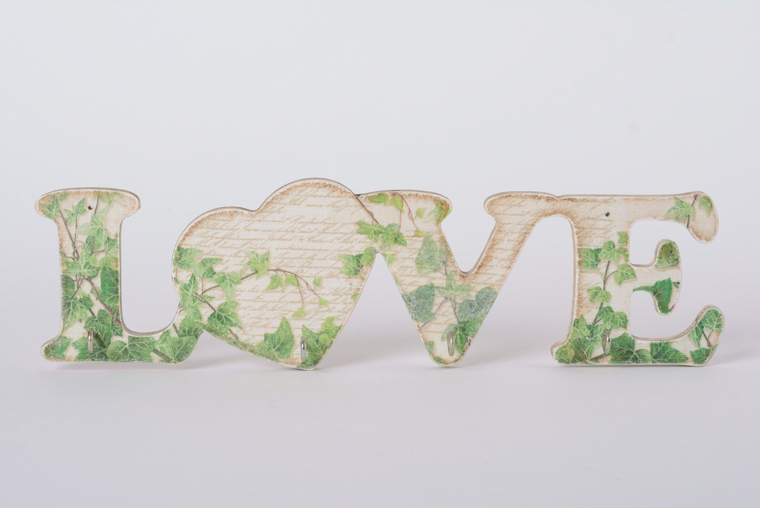 Handmade decoupage wooden wall key holder in the shape of the word Love photo 1