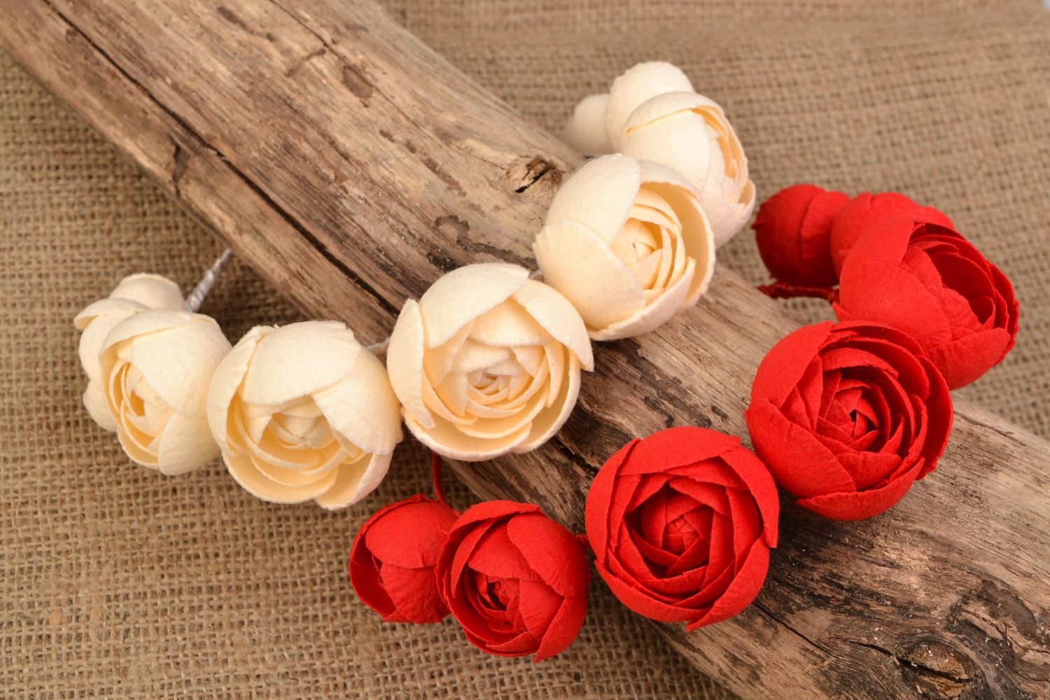 Set of handmade felt flower headbands with red and white roses 2 pieces photo 1