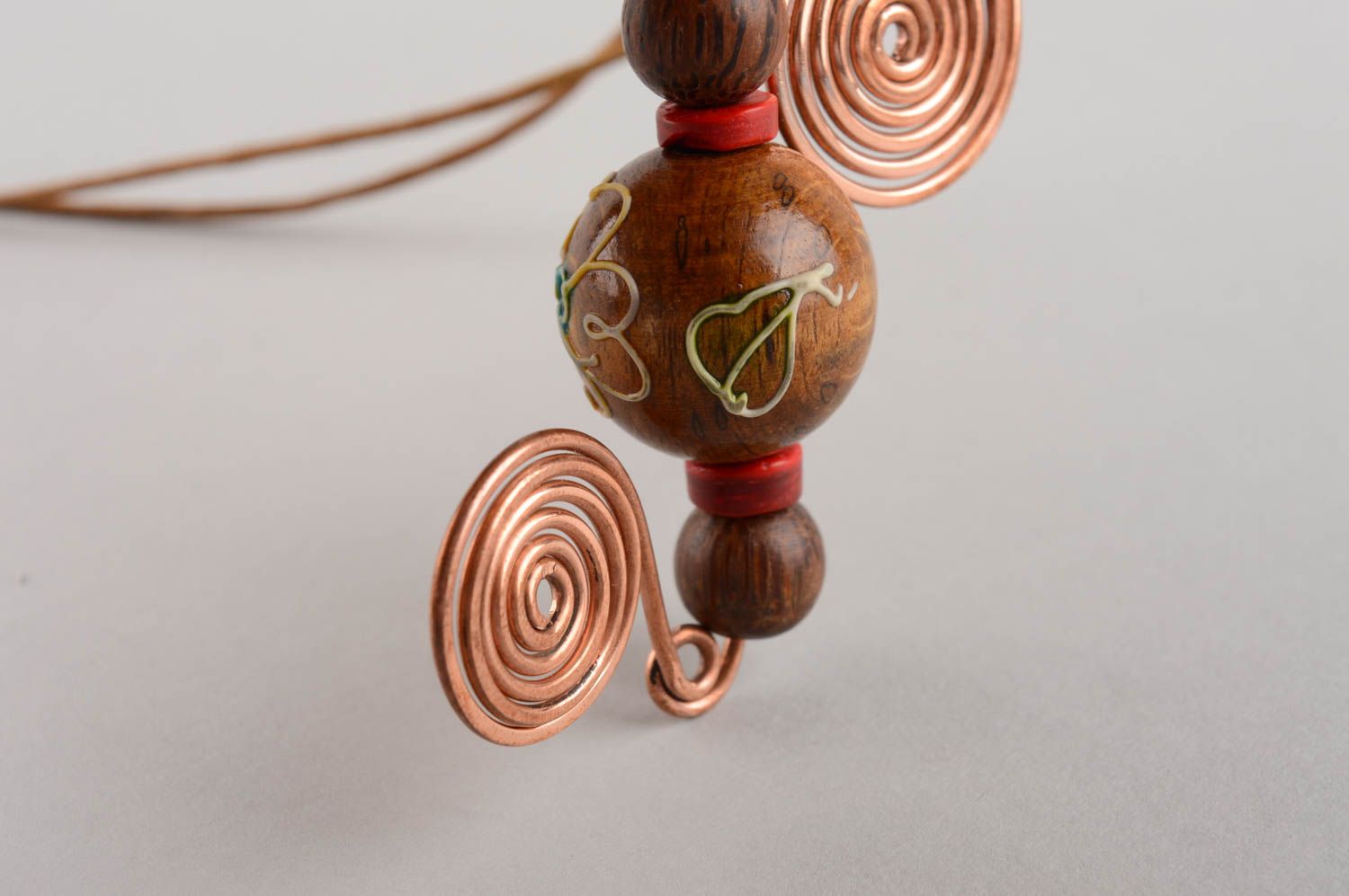 Handmade designer copper wire pendant with wooden beads on cord women accessory photo 5