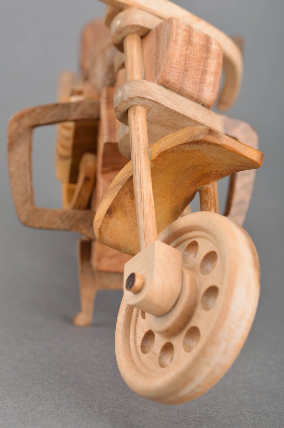 Unusual handmade collectible decorative wooden toy motorbike for interior design photo 4