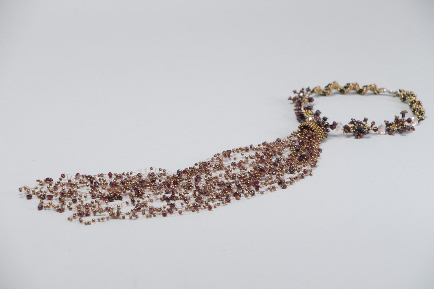 Handmade volume necklace woven of beads natural garnet stone and glass photo 3