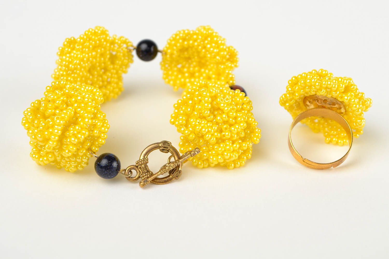 Parure de bijoux Bracelet et bague fait main jaunes perles rocaille Cadeau femme photo 5