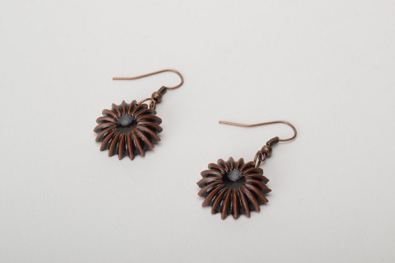 Women's round dangle earrings hand made of brown clay  photo 4