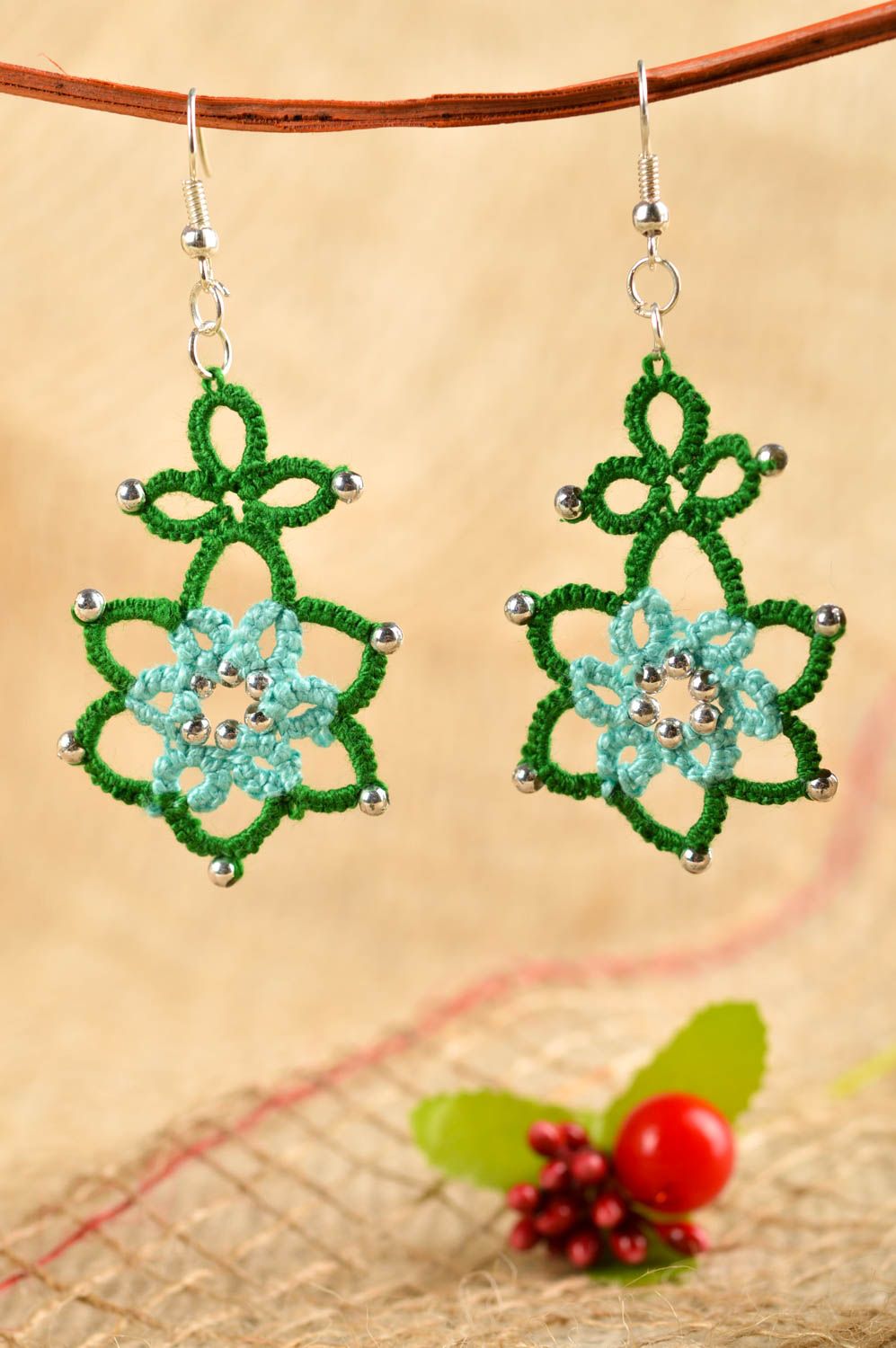Handmade openwork earrings green elegant earrings cute tatting jewelry photo 1