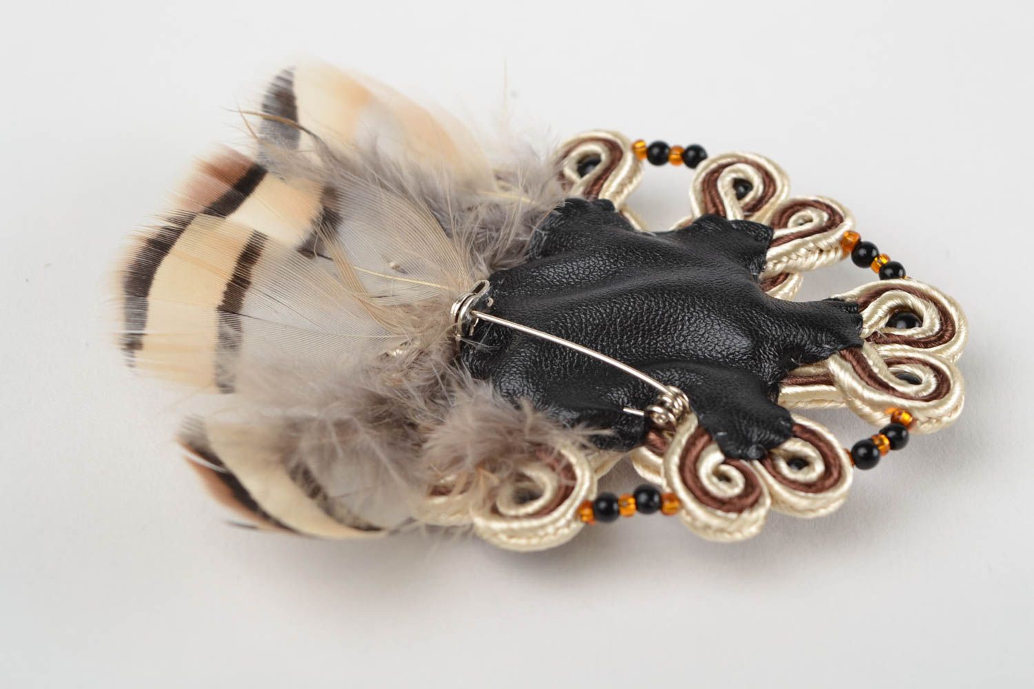 Handmade designer soutache brooch with natural tiger's eye stone and feathers photo 5