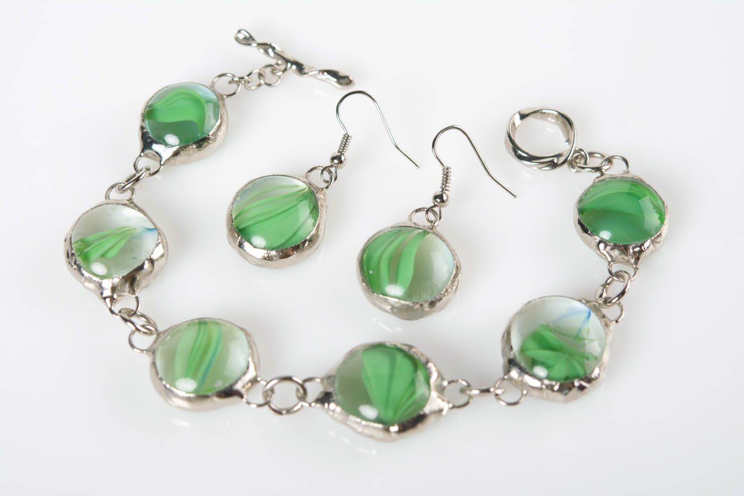 Handmade green glass and metal designer jewelry set wrist bracelet and earrings photo 1