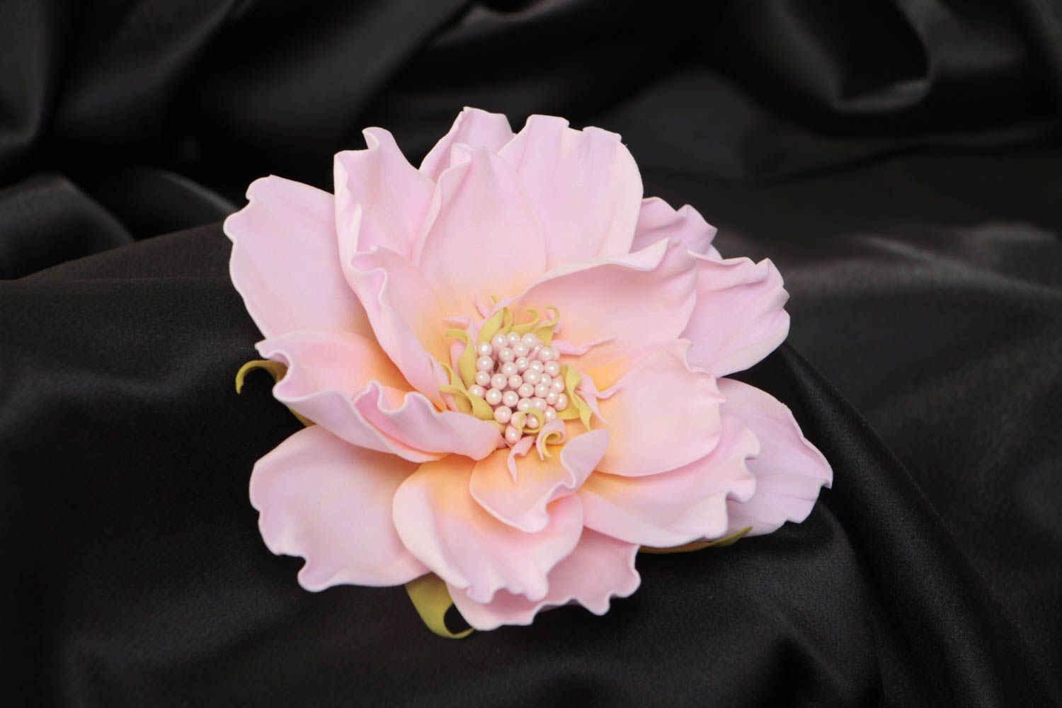 Handmade designer brooch hair clip with tender pink volume foamiran flower photo 1