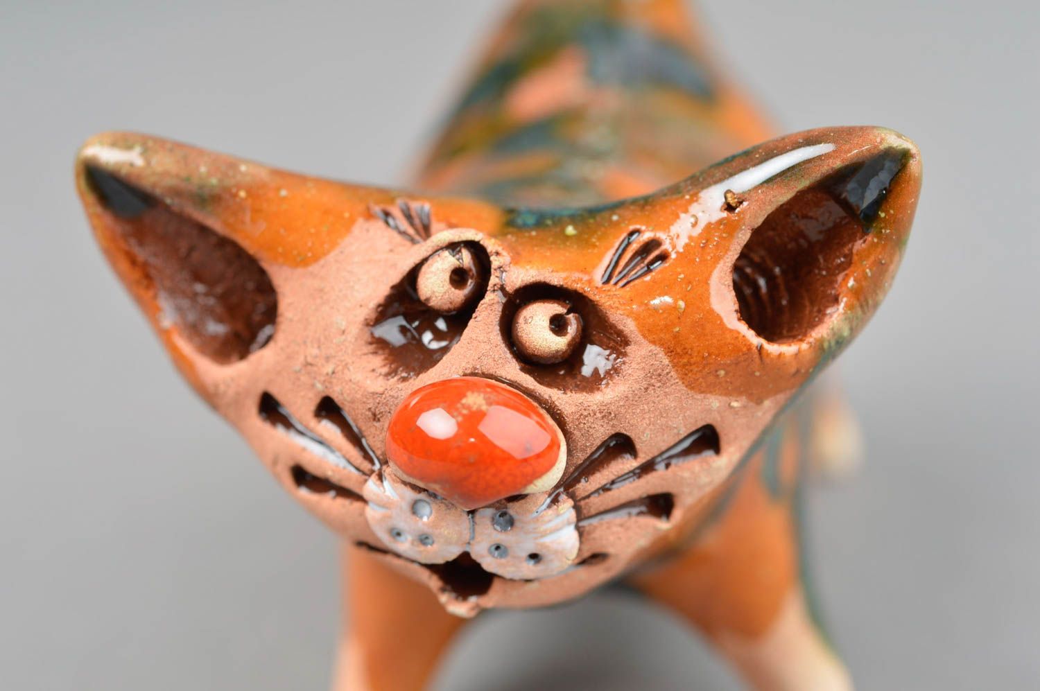 Figurine de chat en argile rouge faite main décorative marron originale photo 5
