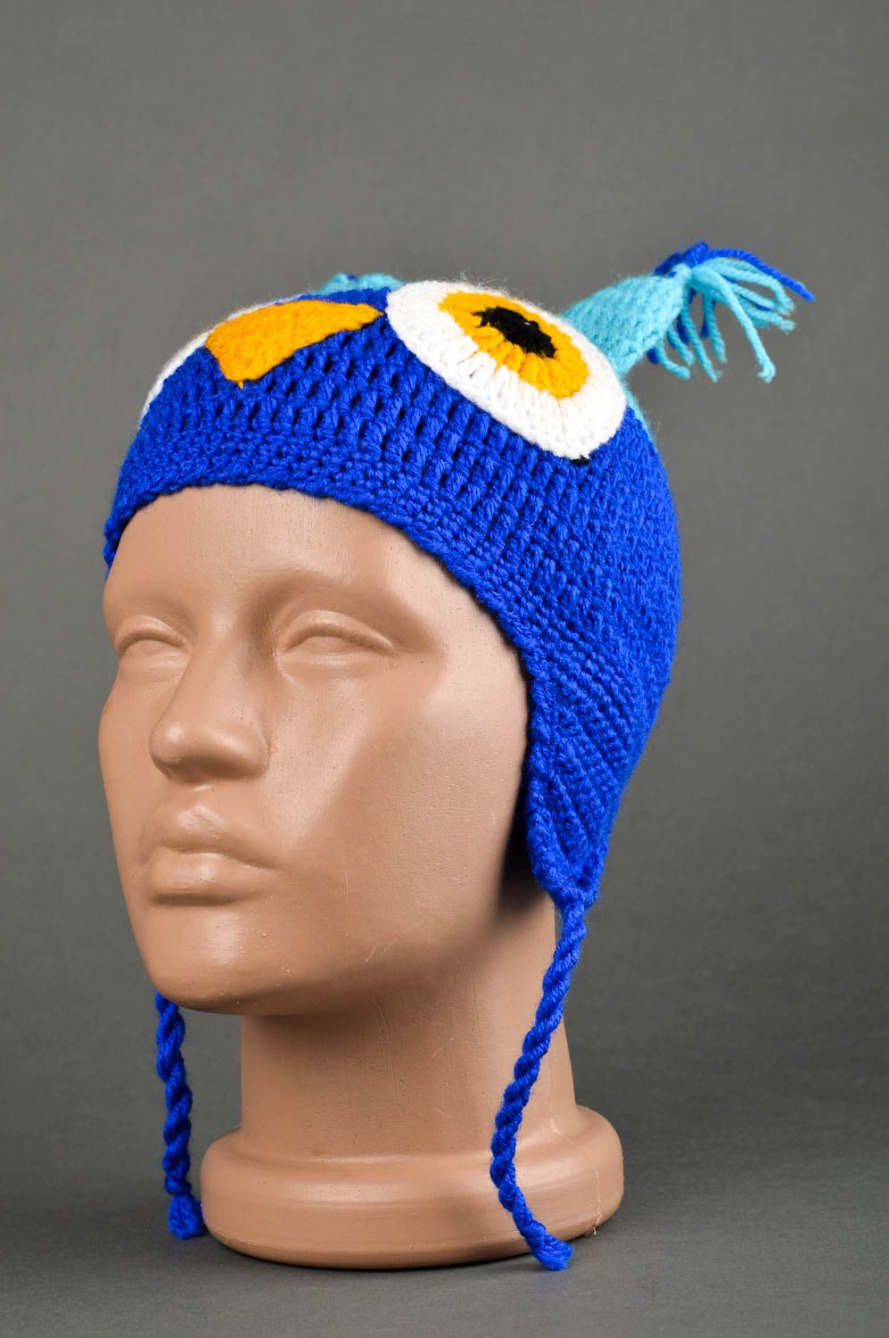 Bonnet hibou bleu fait main Bonnet enfant tricoté au crochet Vêtement enfant photo 1