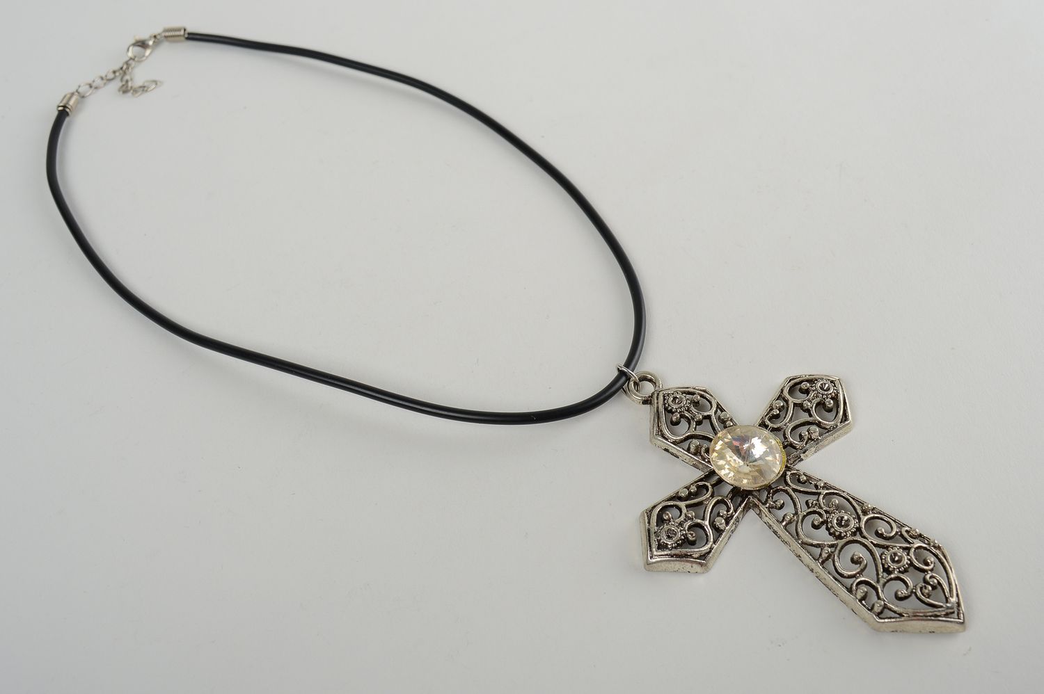 Handmade pectoral cross pendant metal cross with a rhinestone unusual women gift photo 2