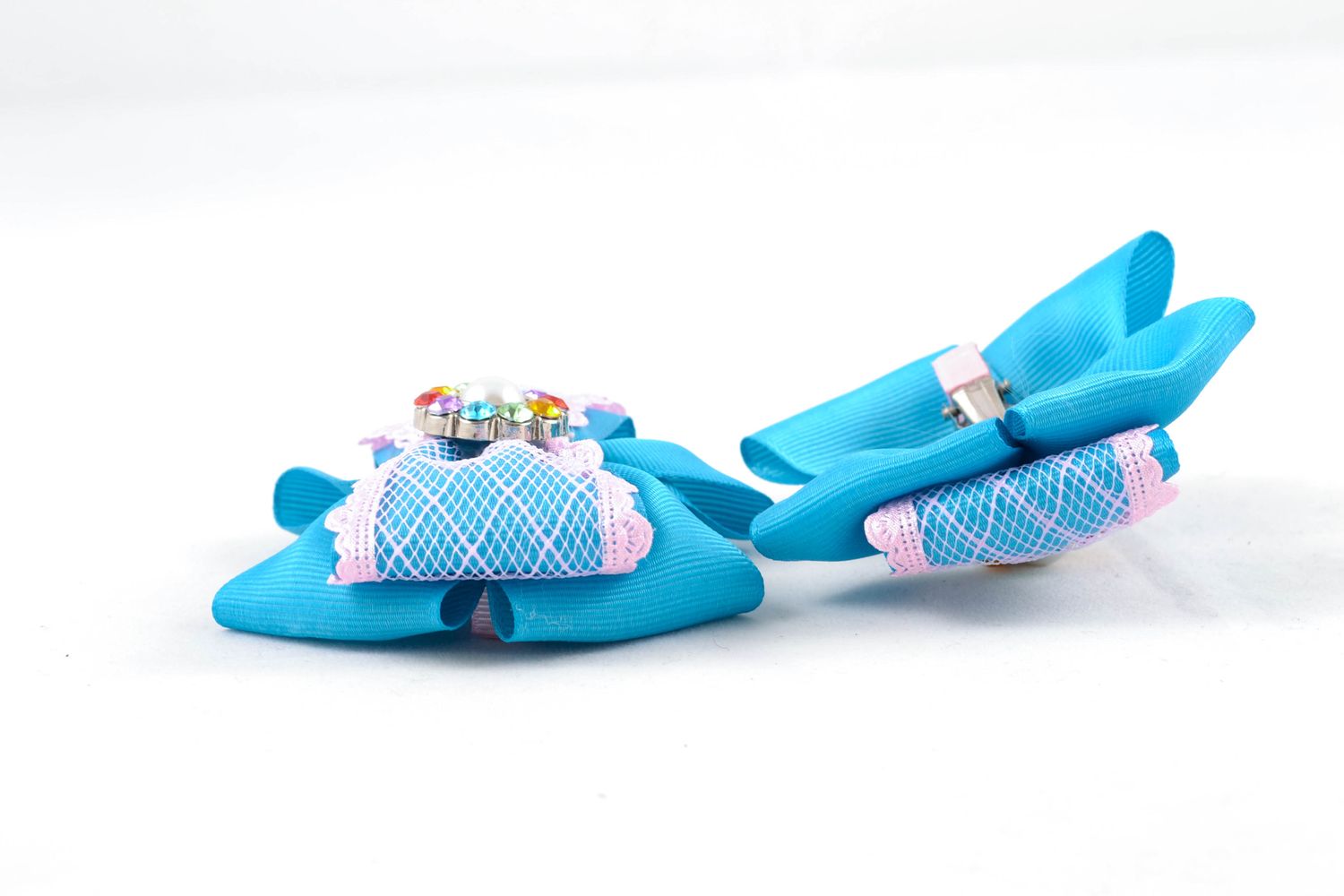 Beautiful hair clips with blue bows made of ribbons with rhinestones photo 4