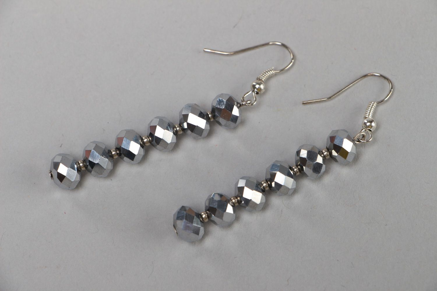 Handmade elegant long earrings with glass beads of silver color for ladies photo 1