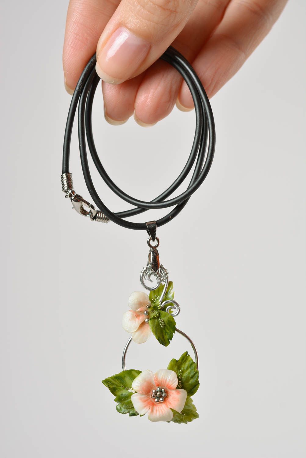 Beautiful unusual handmade designer polymer clay flower pendant on rubber cord photo 3