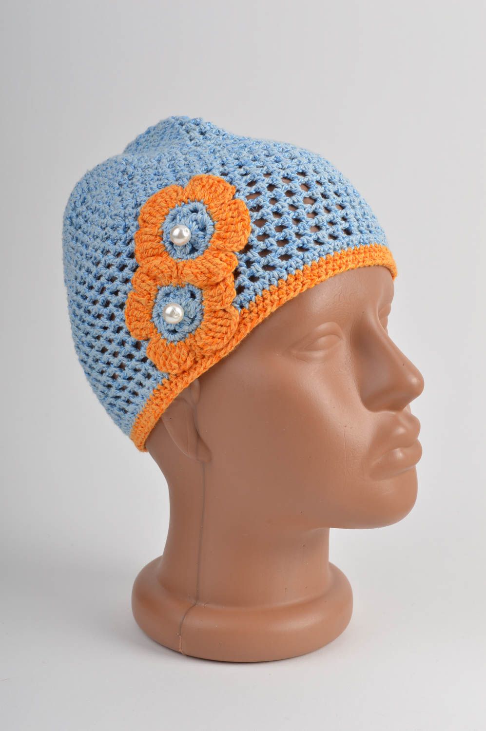 Bonnet tricot fait main Chapeau au crochet bleu acrylique coton  Vêtement fille photo 2