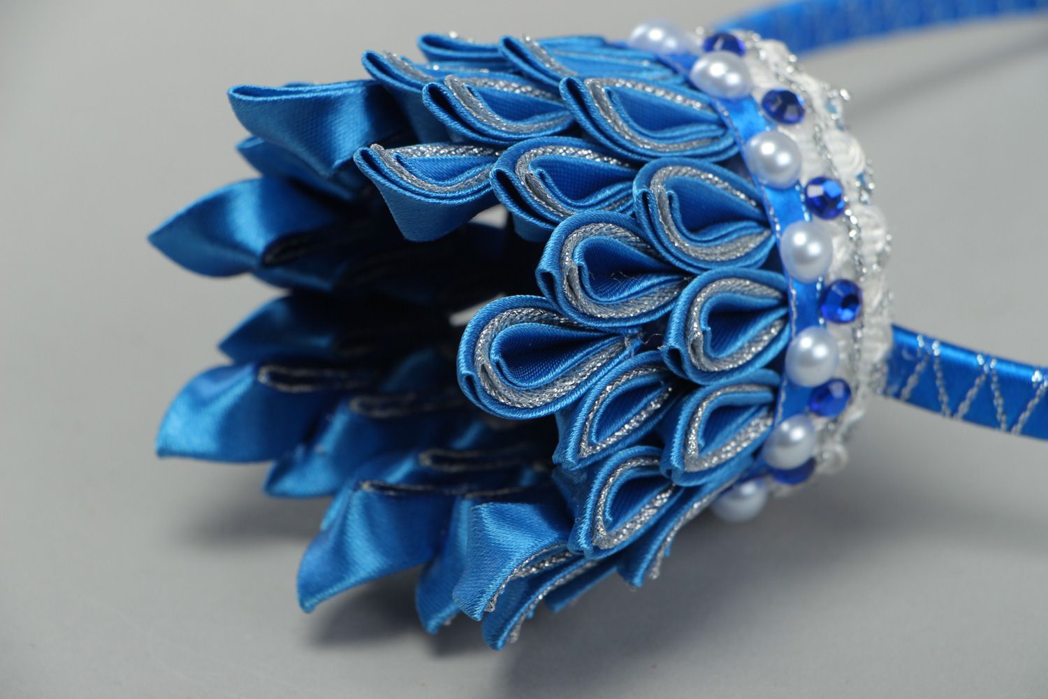 Handmade headband with blue crown made of satin ribbons using kanzashi technique photo 3