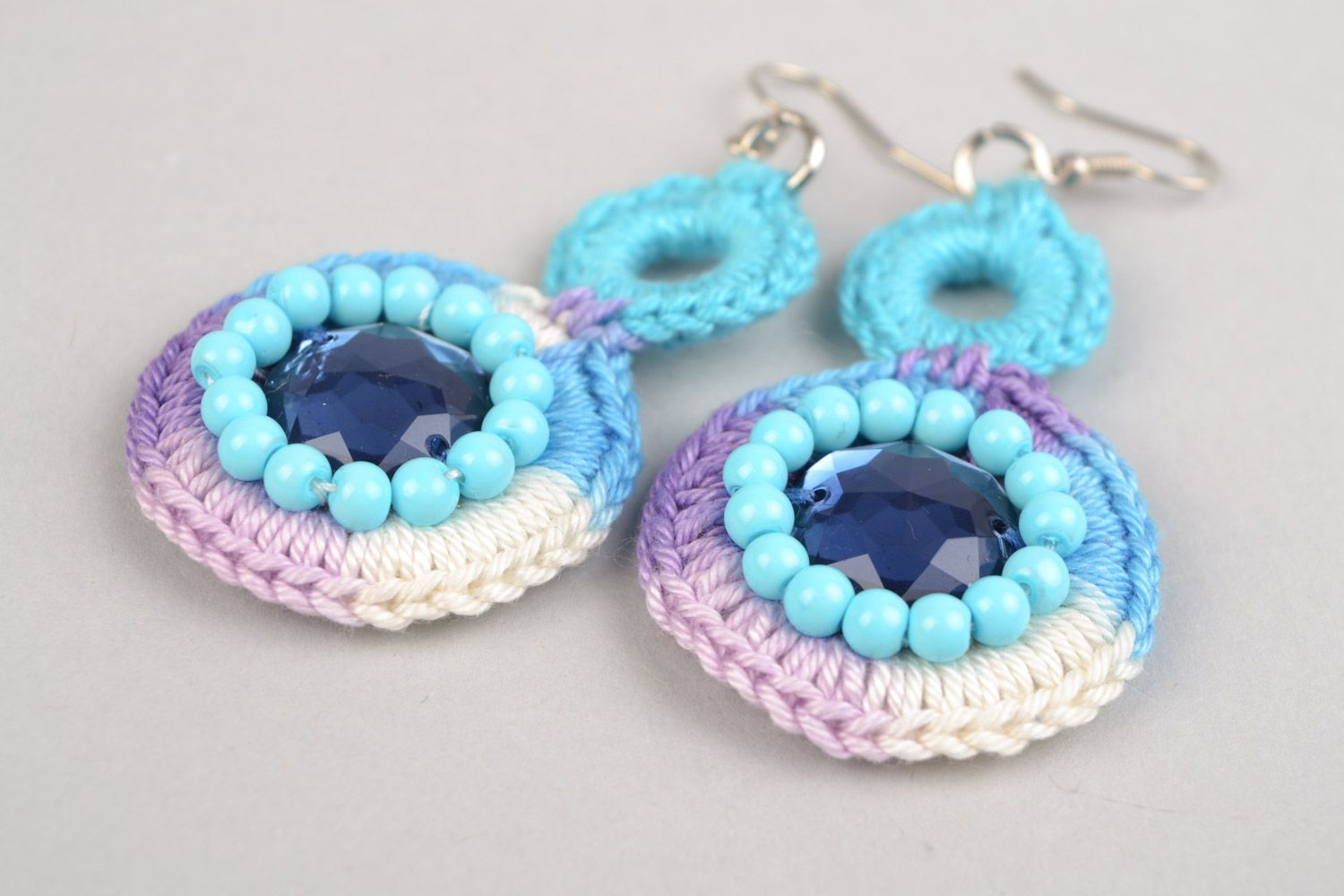 Handmade earrings woven of cotton threads with cabochon in blue color shades photo 5