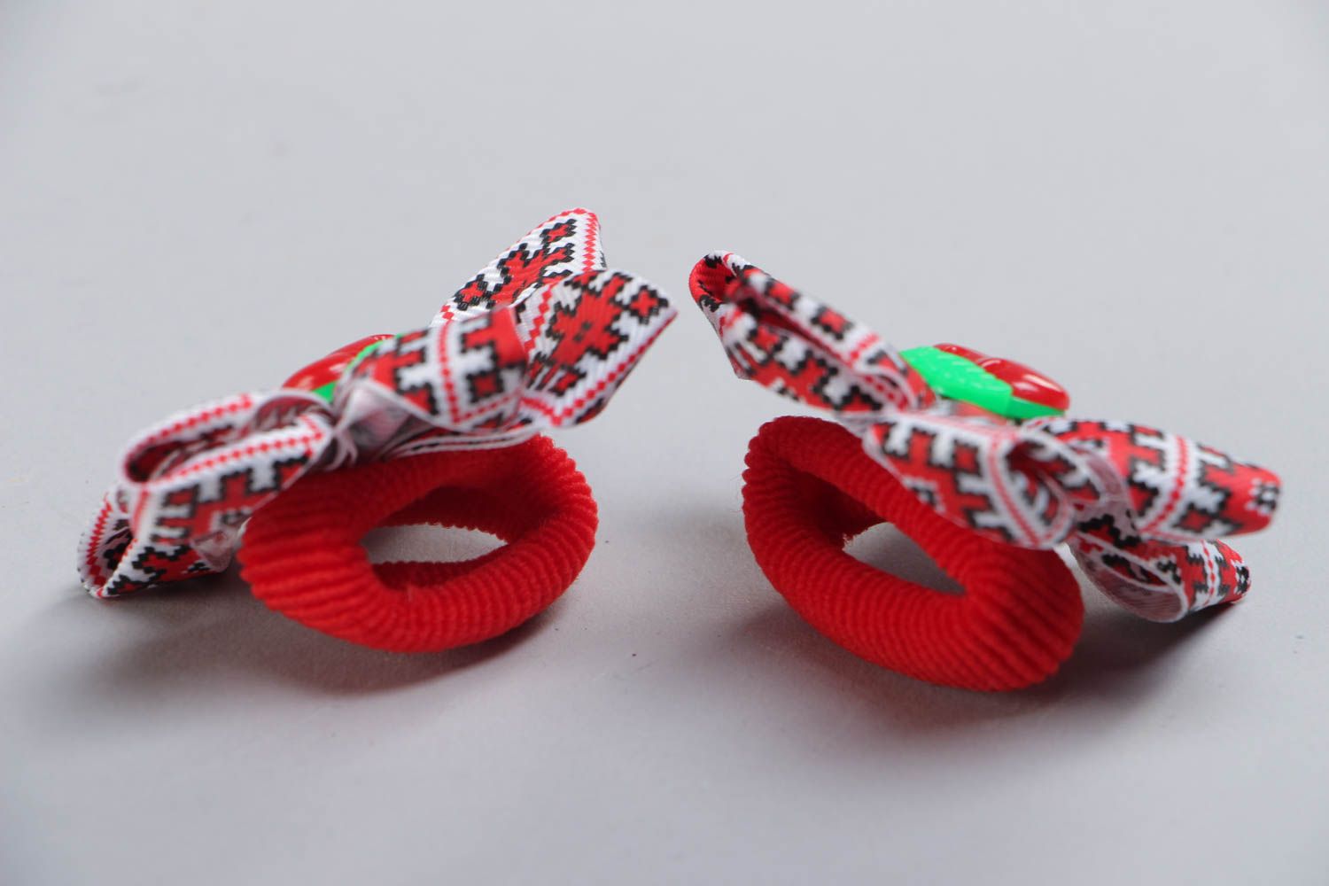 Set of 2 handmade hair ties with bright satin ribbon flowers with ethnic print  photo 4