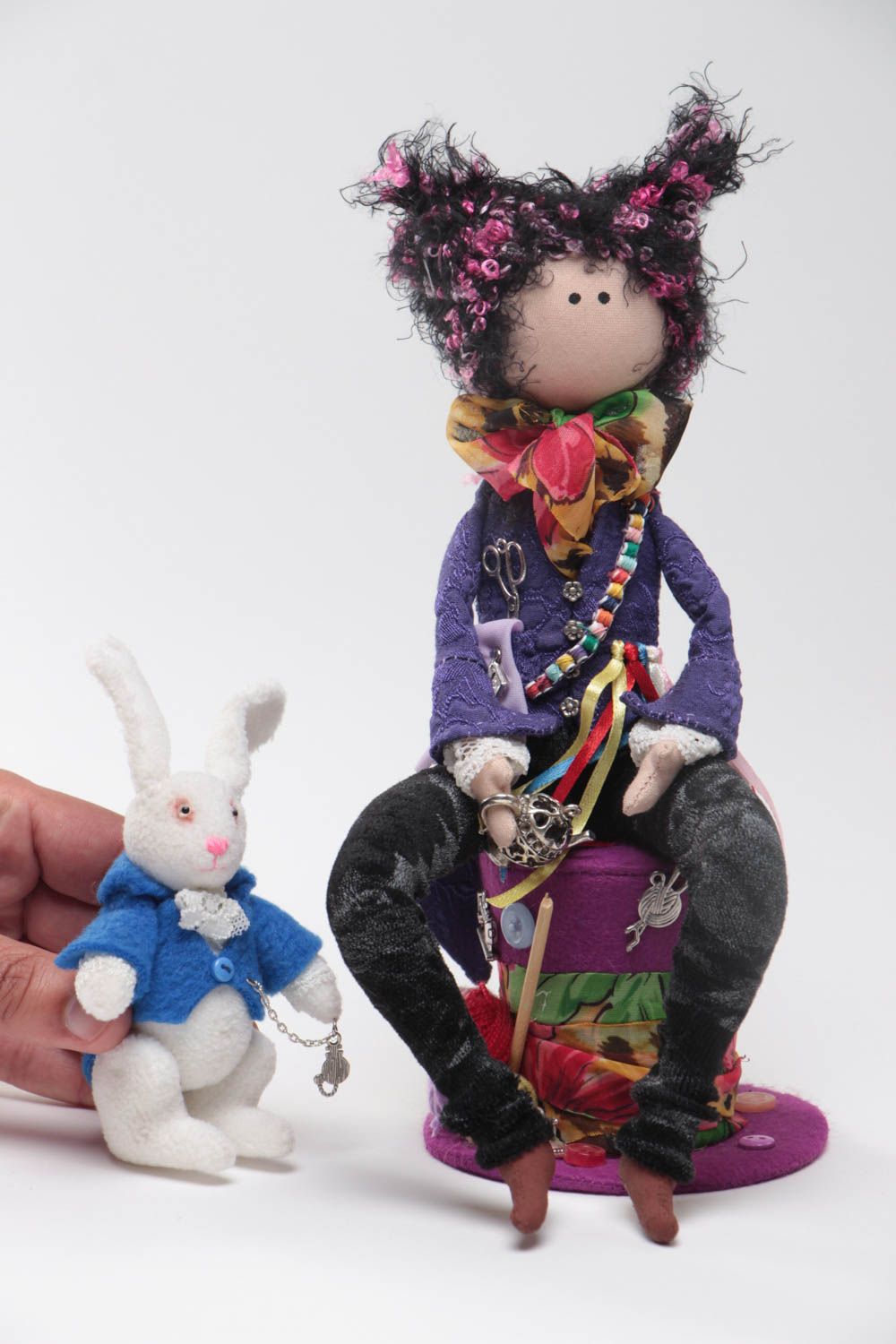 Handmade designer fabric soft doll elegant milliner with white toy rabbit photo 5