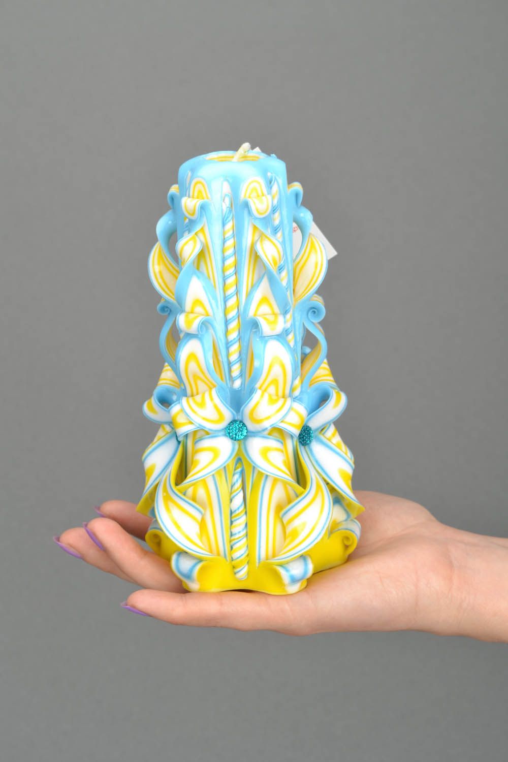 Large carved candle Blue and Yellow photo 2