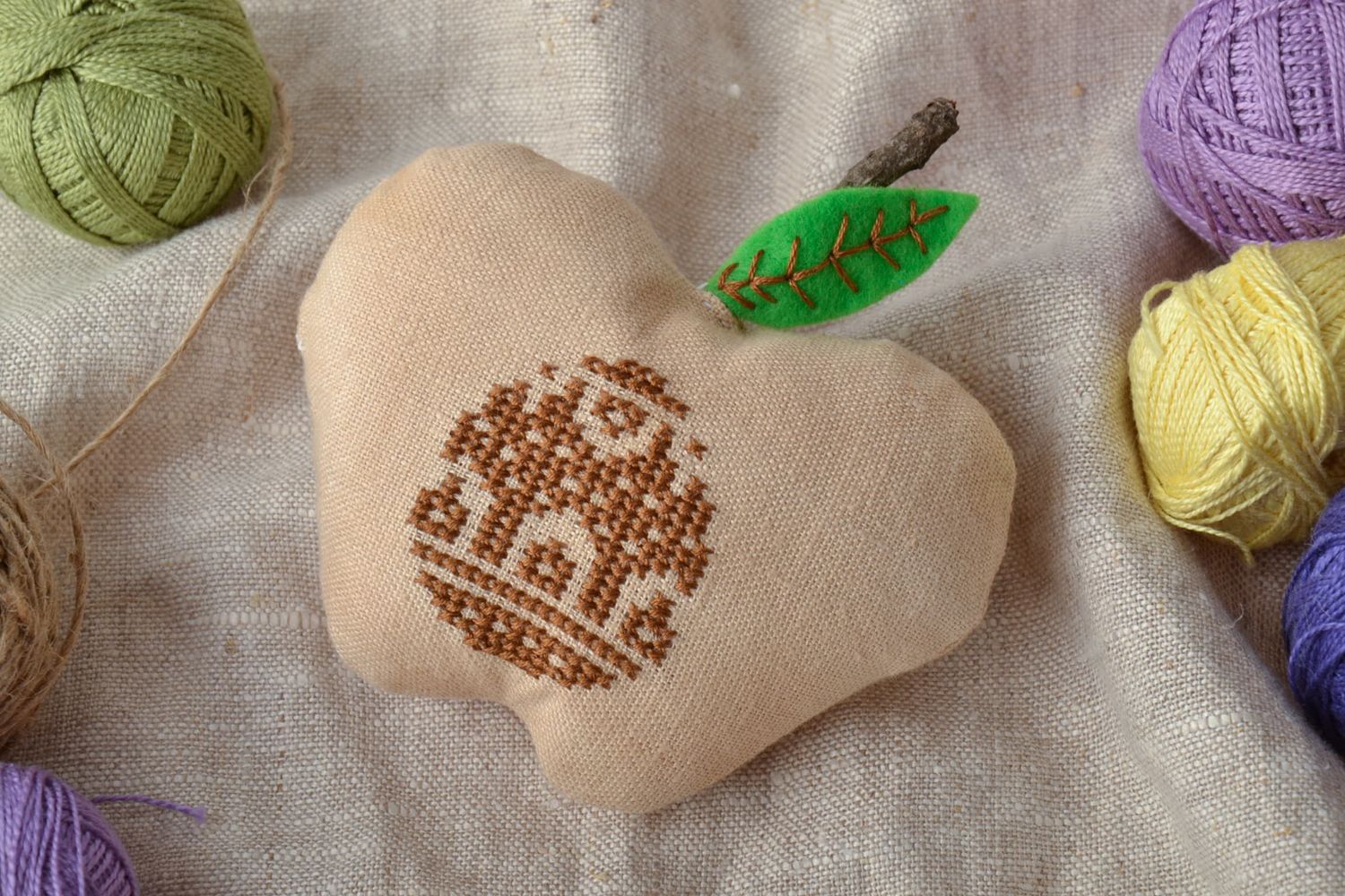 Fabric toy apple with cross stitch embroidery photo 1