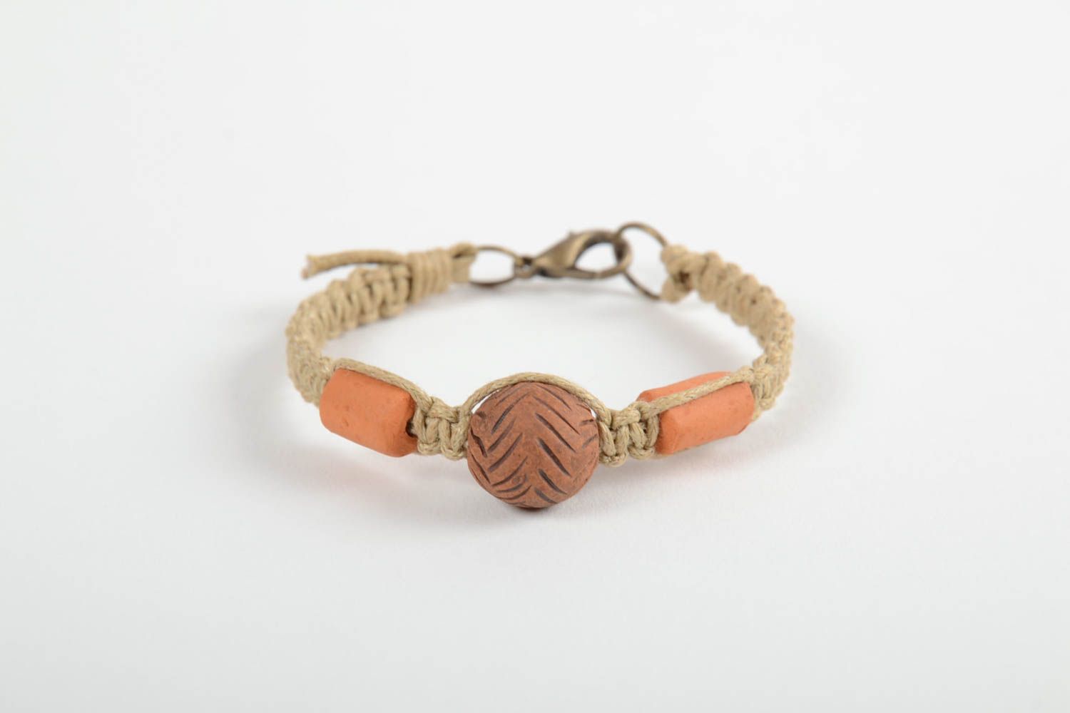 Handmade woven wax cord bracelet ceramic bracelet wrist bracelet with clay beads photo 1