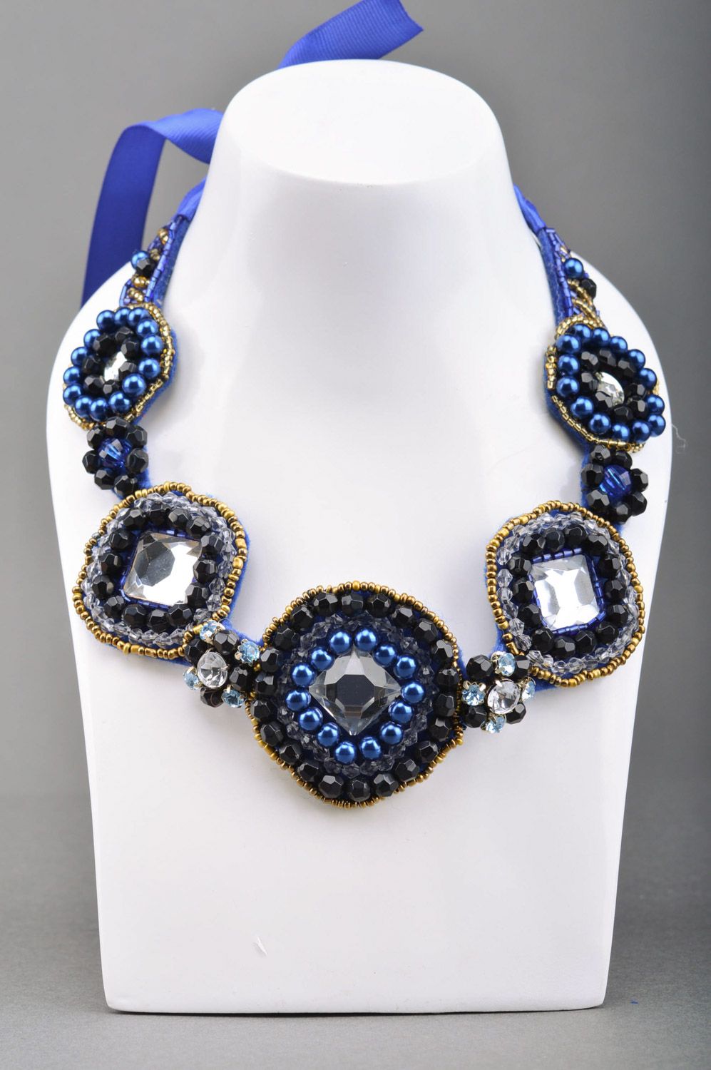 Elegant handmade bead embroidered collar necklace in blue colors 1001 nights photo 1