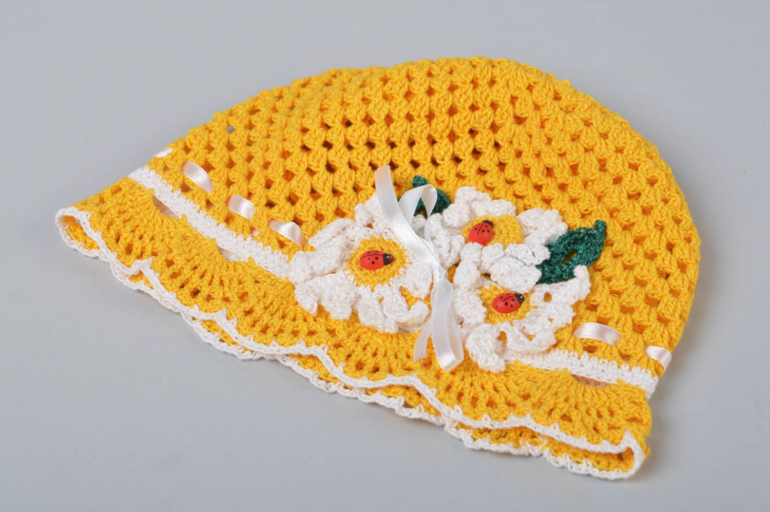 Bonnet fille fait main Bonnet tricot au crochet jaune fleurs Vêtement enfant photo 2