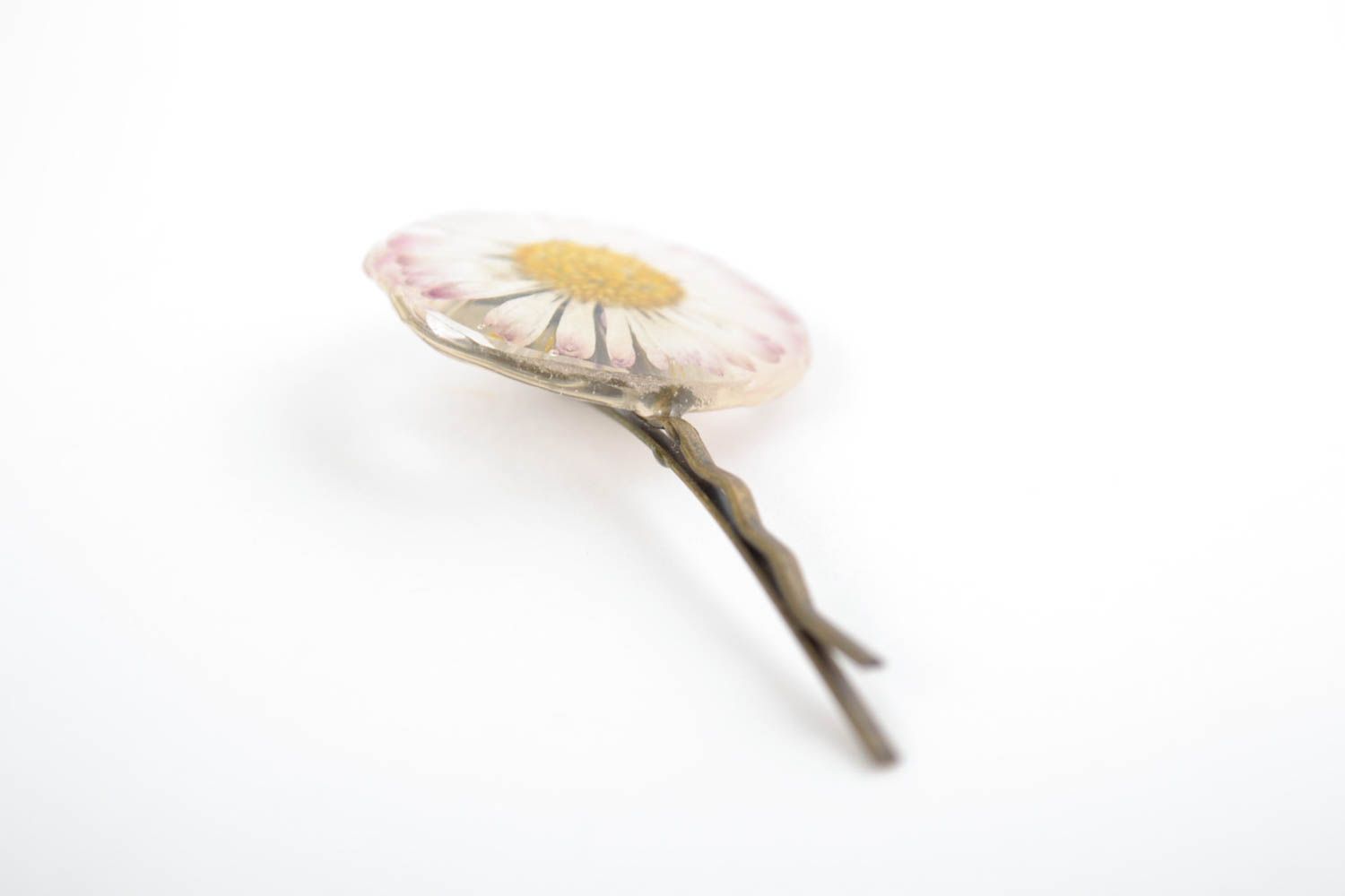 Handmade decorative metal hair pin with natural dried flower in epoxy resin photo 5