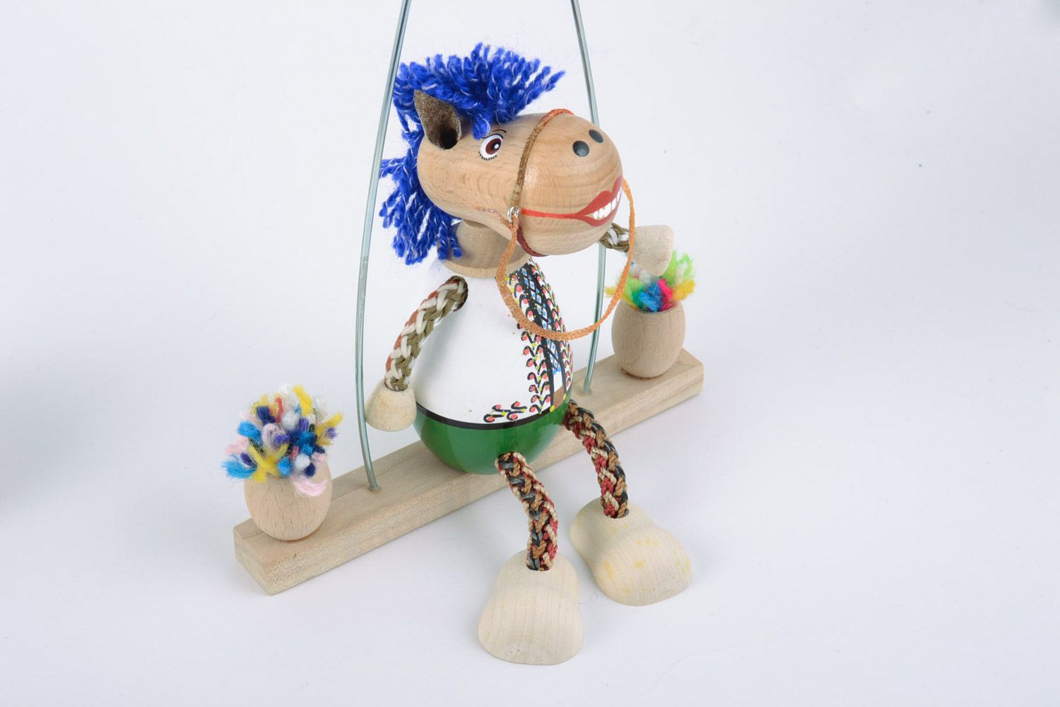 Handmade eco friendly wooden toy horse on a swing funny cute painted doll photo 4