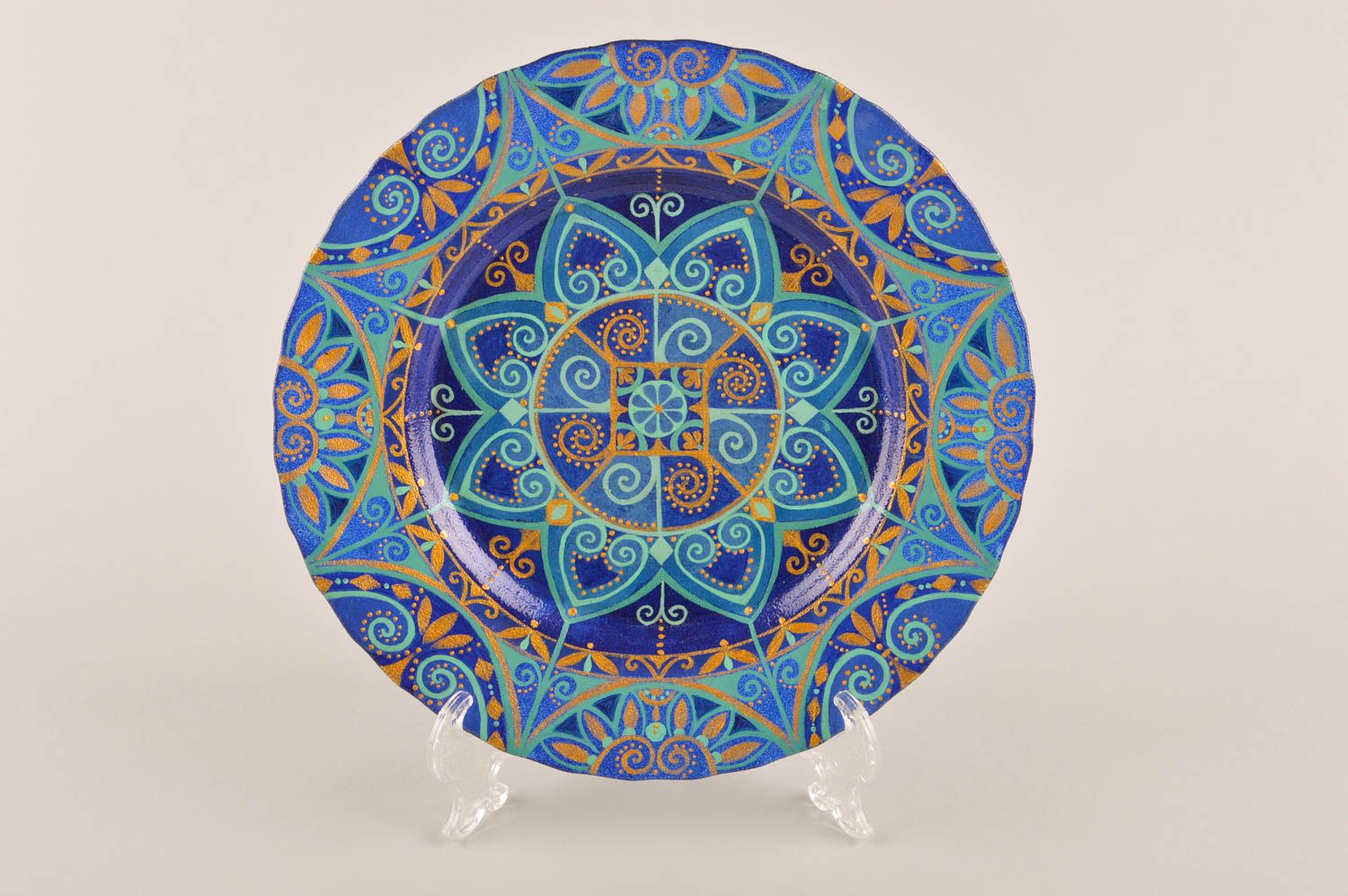 Расписная тарелка ручной работы керамическая тарелка глиняная посуда голубая фото 2
