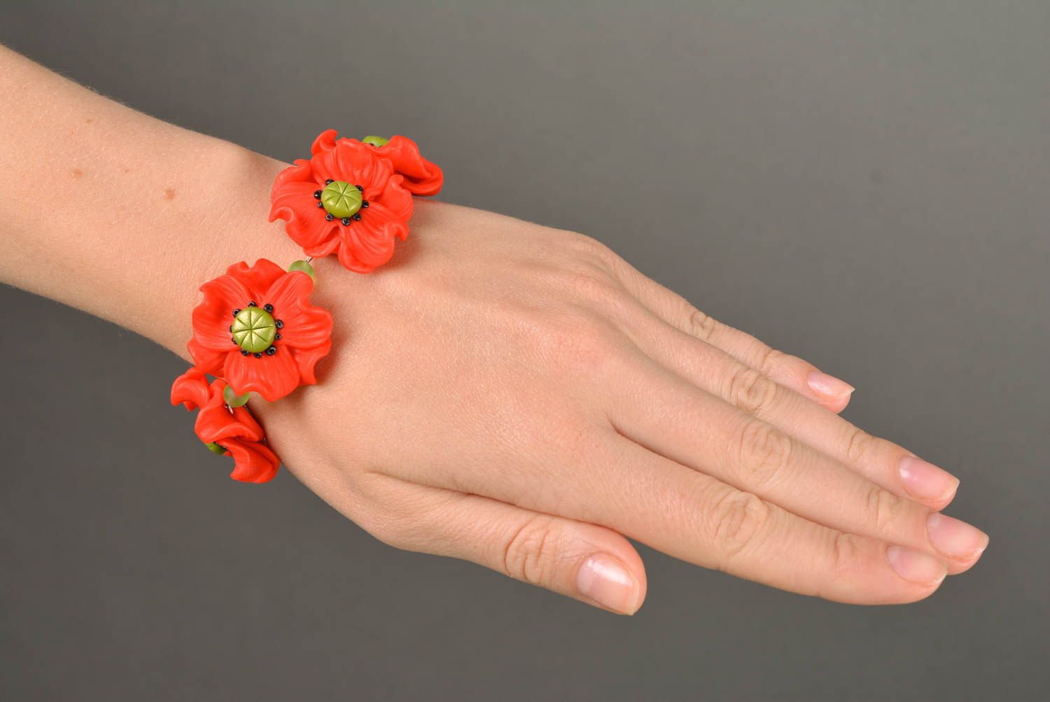 Handmade designer wrist women's bracelet with polymer clay red poppies flowers photo 2
