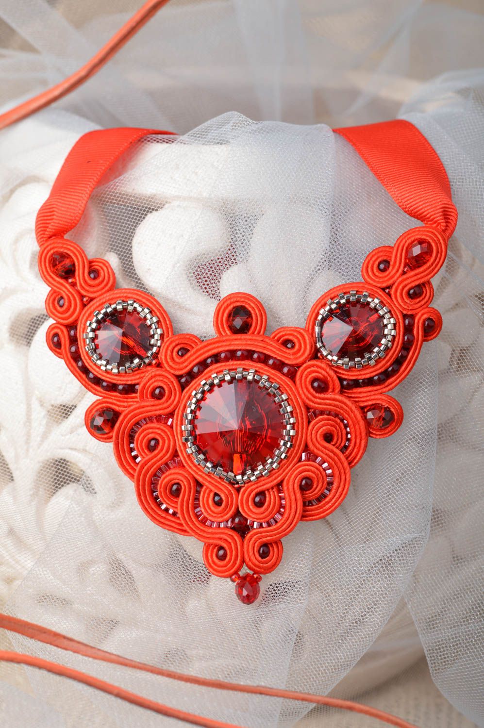Beautiful handcrafted soutache necklace with beads and natural stones photo 1