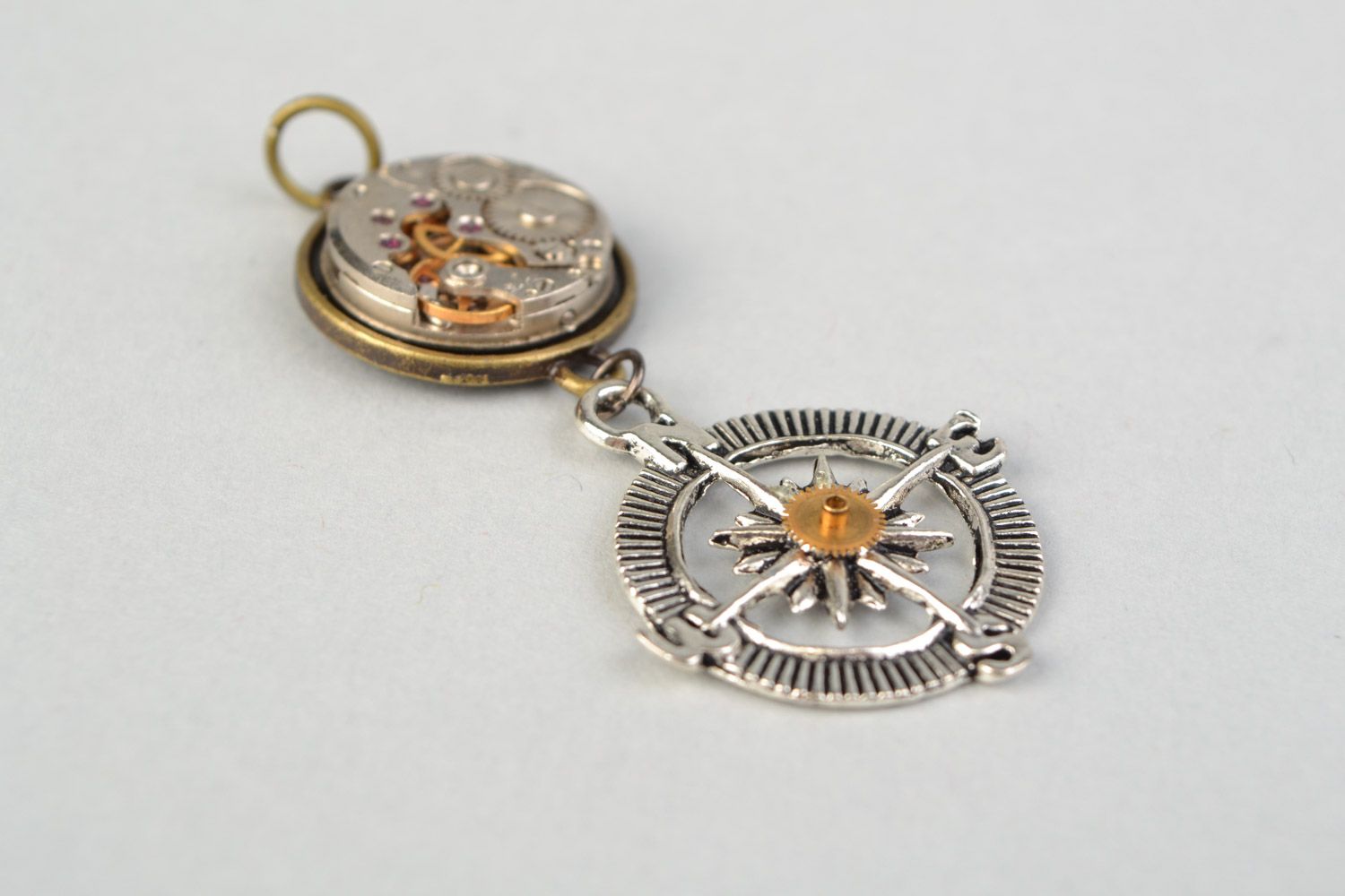 Handmade metal pendant with clock mechanism in steampunk style Compass and Time photo 3