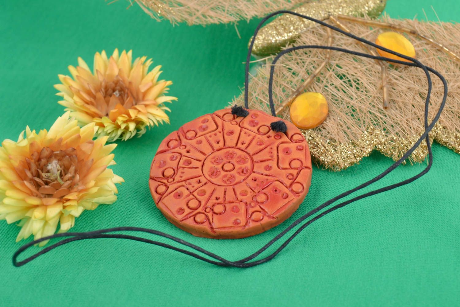 Handmade red clay round stylish beautiful pendant on long cord in ethnic style photo 1