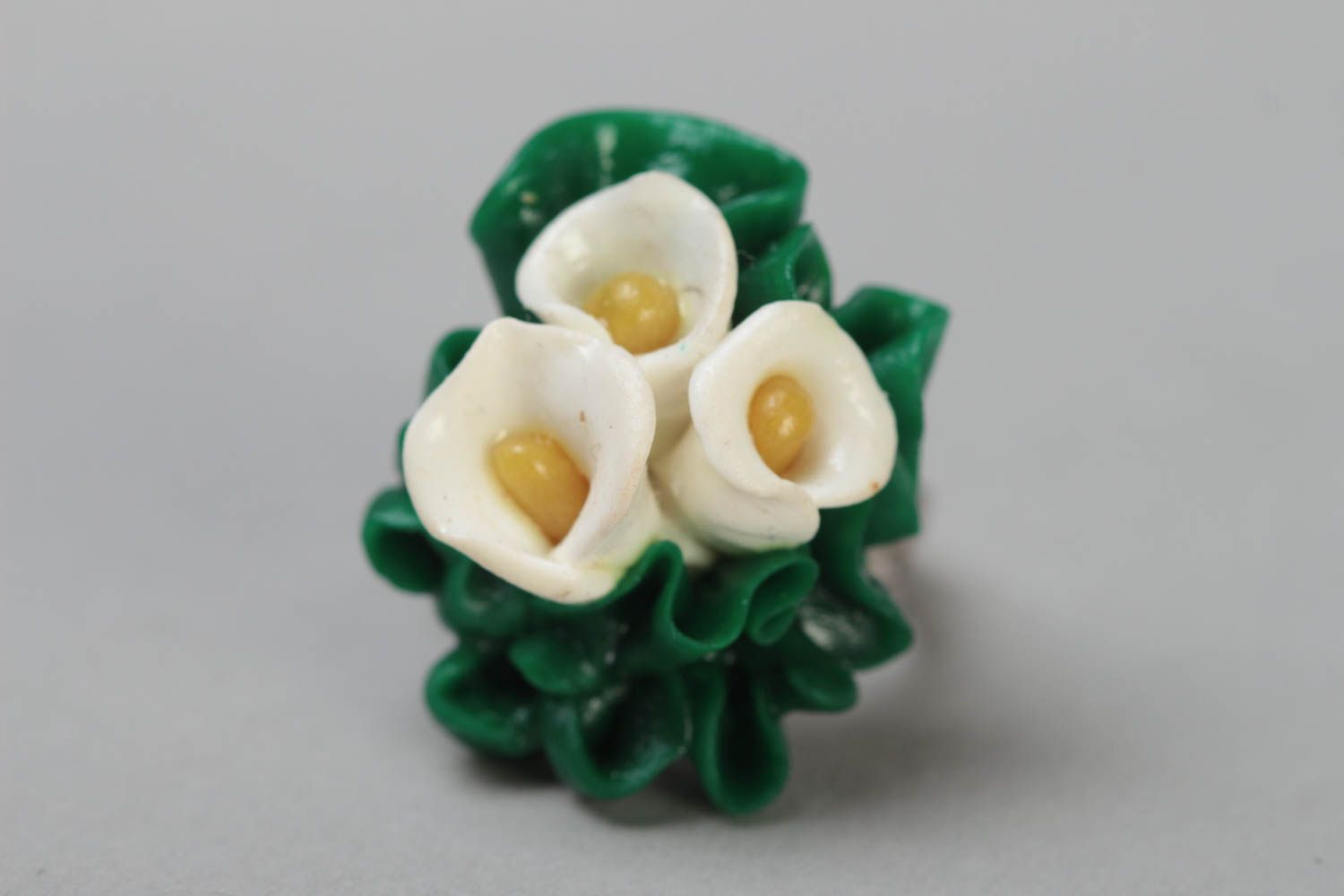 Handmade jewelry ring on metal basis with polymer clay white calla lily flowers photo 2