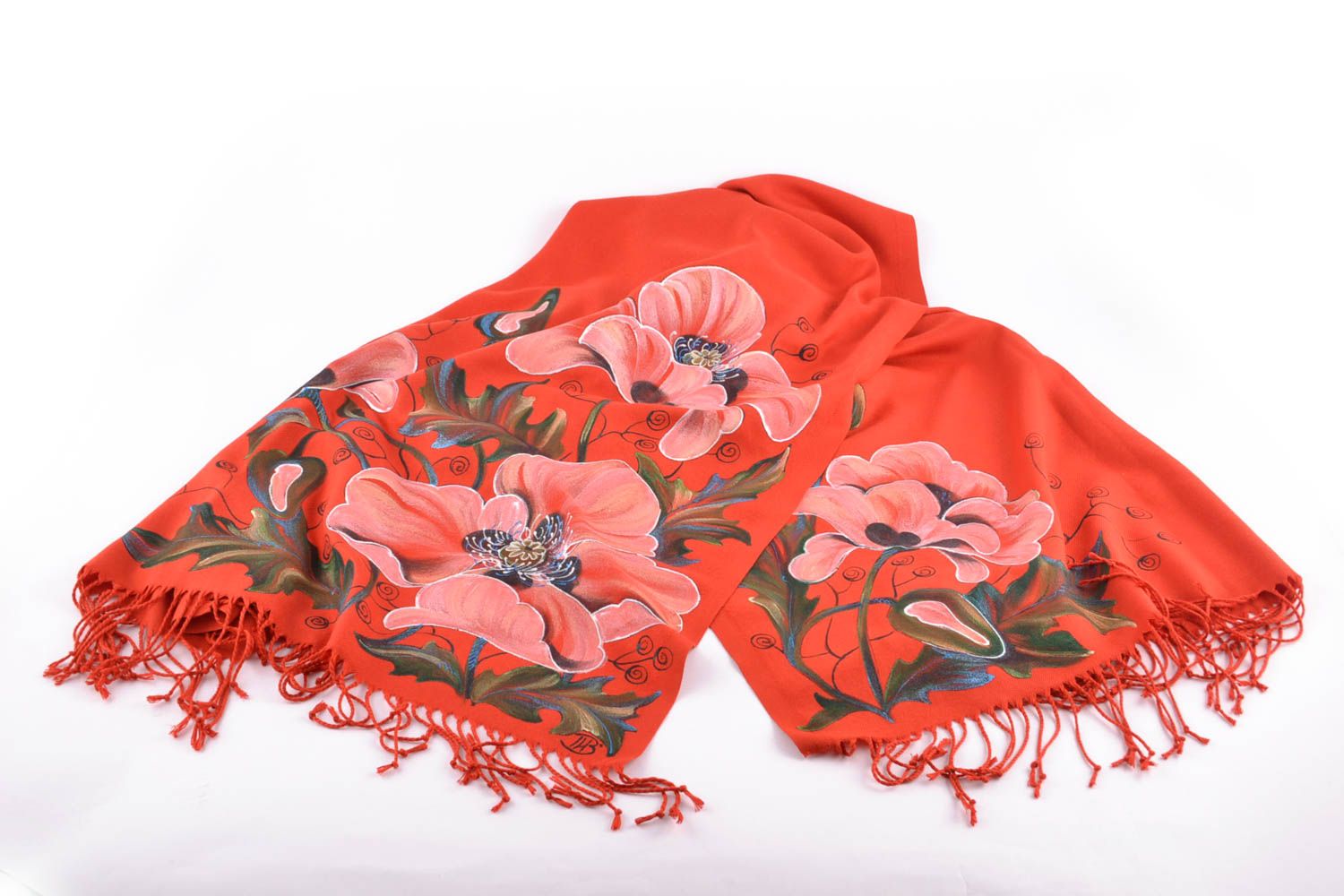 Warm cashmere scarf of red color with poppy flowers photo 4