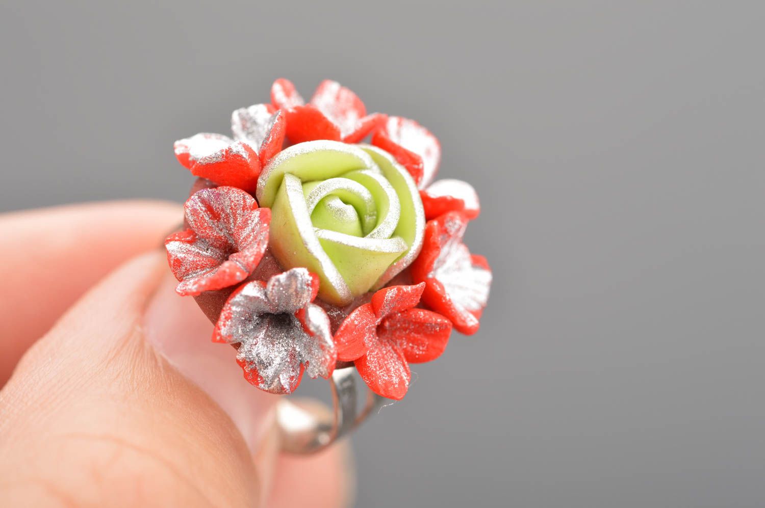 Handmade designer jewelry ring with metal basis and polymer clay flower red photo 2