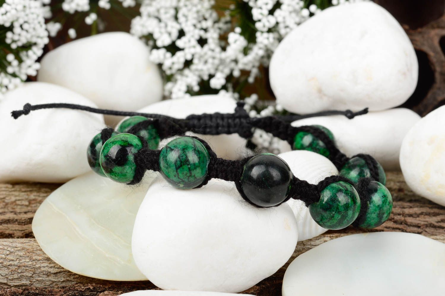 Bracelet textile Bijou fait main perles de malachite vertes Accessoire femme photo 1
