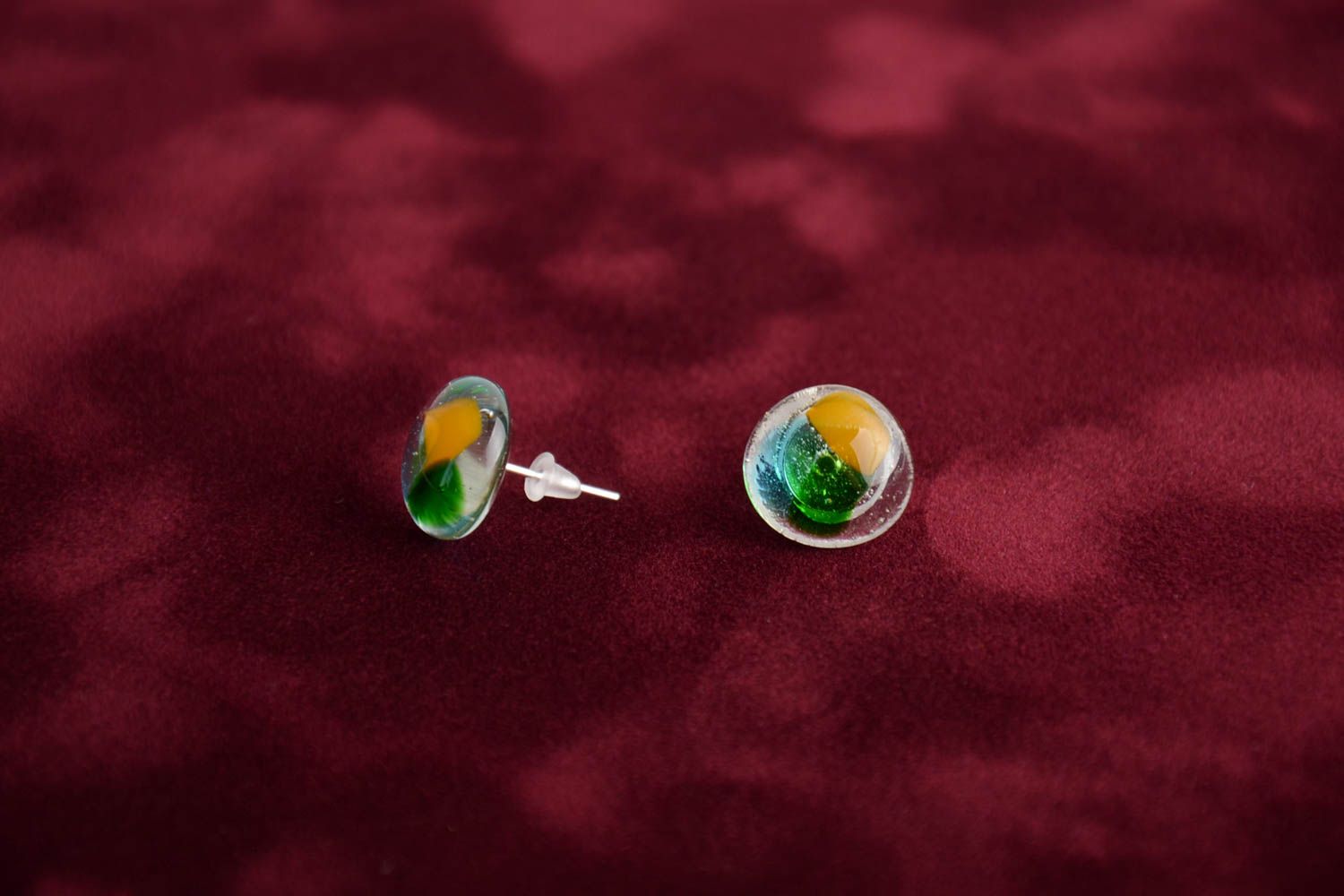 Handmade stud earrings made using glass fusing technique designer accessory photo 1
