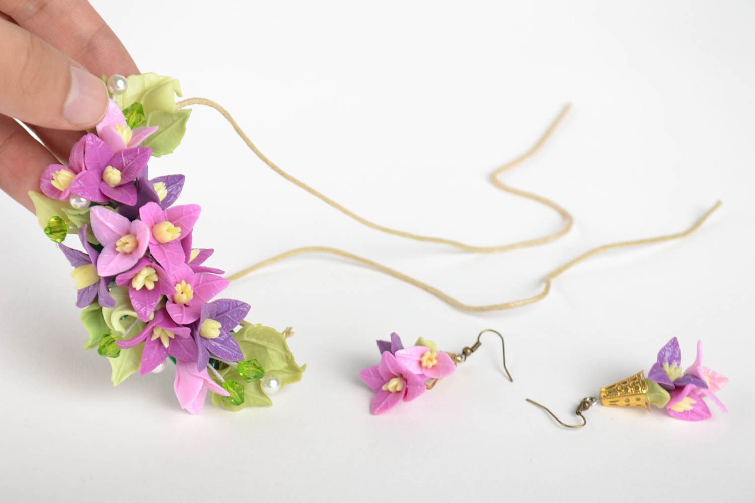 Handmade jewelry flower earrings handmade necklace jewelry set polymer clay photo 5